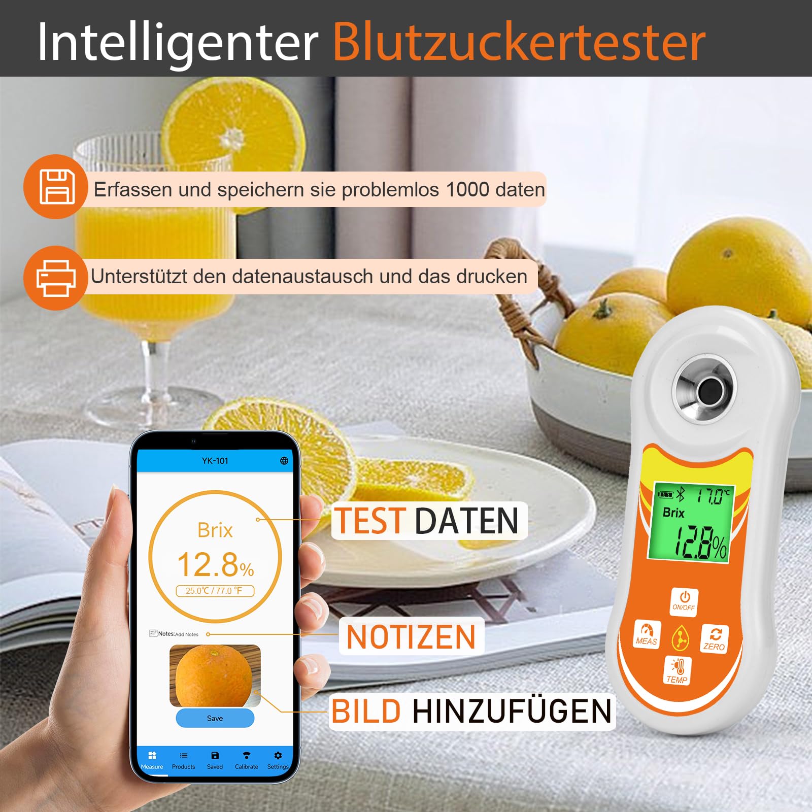 YINMIK Brix Refraktometer Intelligentes Brix Messgerät Zucker Messgerät | Brix Refraktometer mit ATC Funktion, tragbares Brix Messgerät für Obst, Wein- und Bierbrauen Kaffee Ahornsirup Säfte