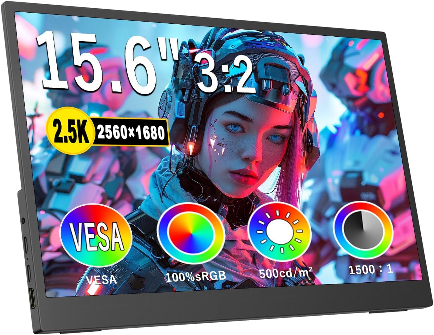 2.5K Portable Monitor 15.6inch UHD 2560 * 1680 for Laptop, 100% sRGB 500nits HDR IPS External Display w/Smart Cover & VESA Mount, USB-C HDMI Travel Second Screen for PC Mac Phone Xbox PS5