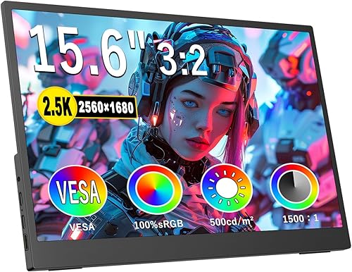 Monitor portátil de 2.5K de 15.6 pulgadas UHD 2560 x 1680 para laptop, 100% sRGB 500nits HDR IPS pantalla externa con cubierta inteligente y soporte