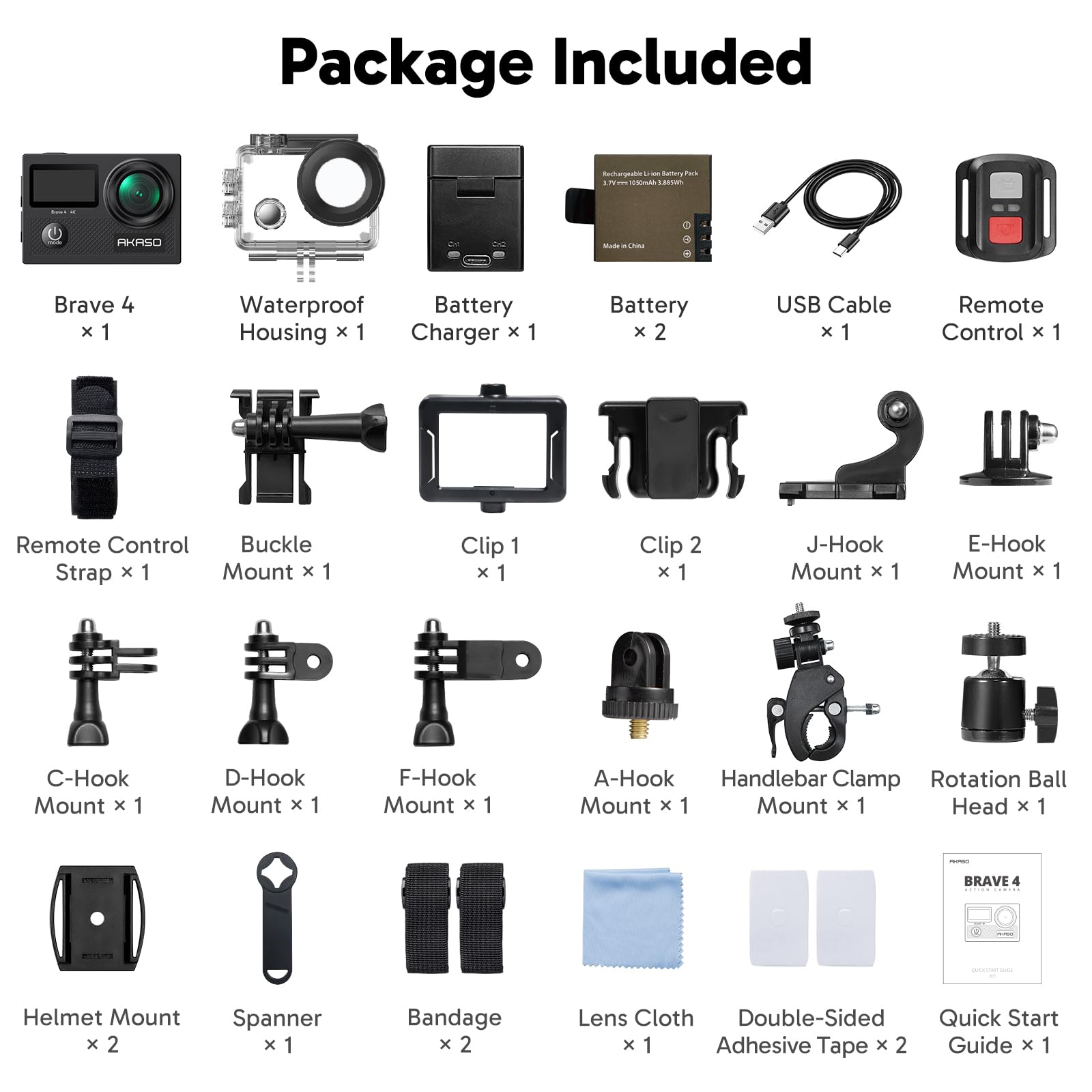 AKASO Sport Caméra Sportive 4K 60fps 20MP WiFi Etanche EIS Angle Vision Réglable Zoom 8 Fois 2 Batteries