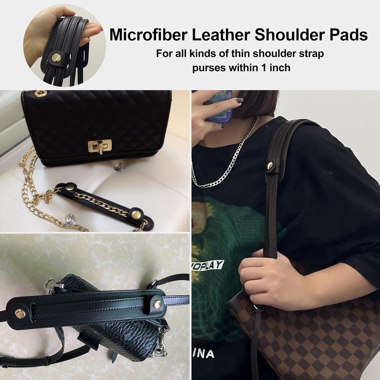 Microfiber Leather Shoulder Strap Pad for Women Tote Purses, Handbag, Satchels, Hobo Purses 9" x 1.75", Black