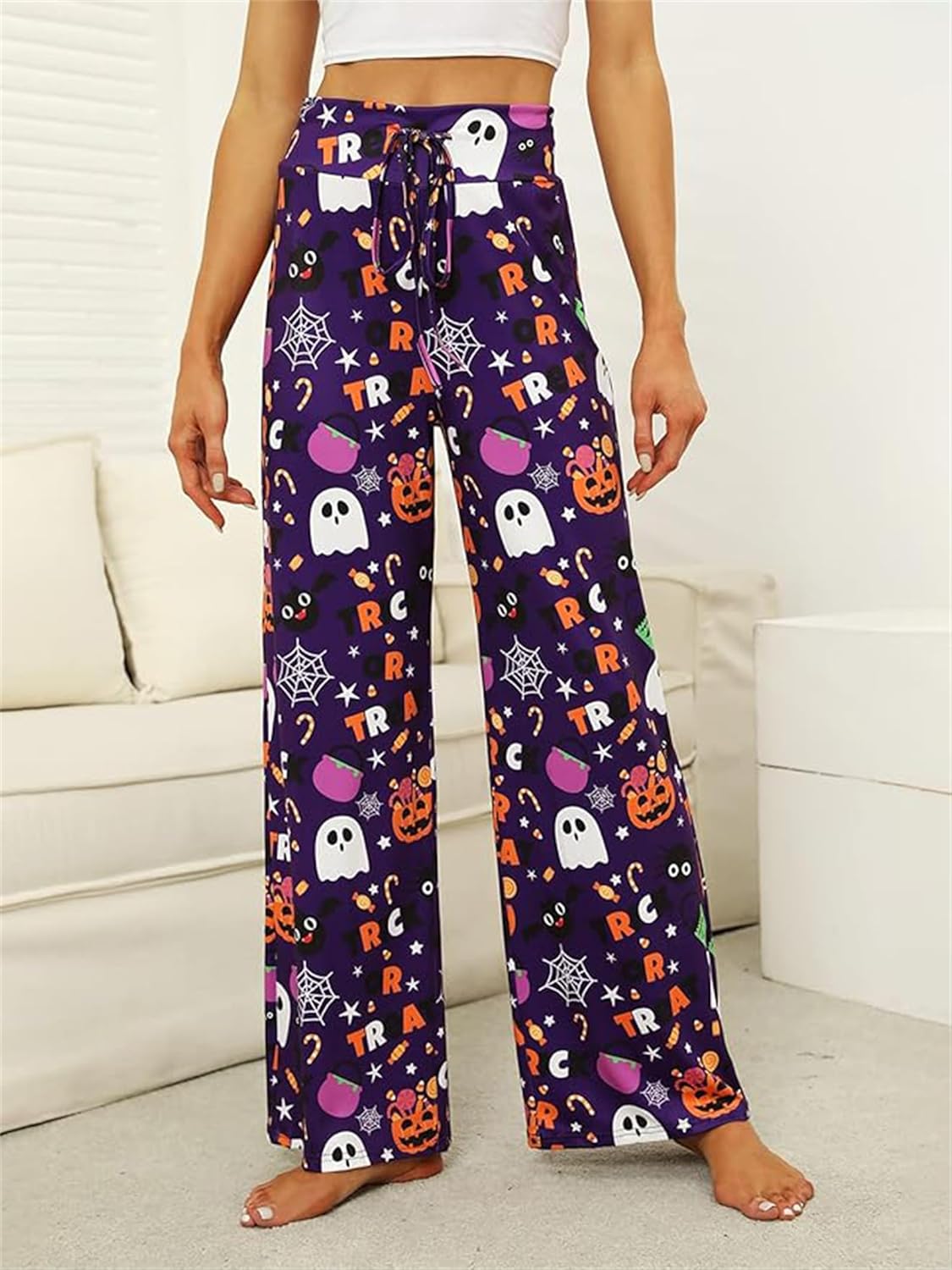 Women Halloween Pajama Bottoms Cute Loose Elastic Waist Drawstring Pants Funny Pumpkin Skull Ghost Print Sleepwear - Image 2