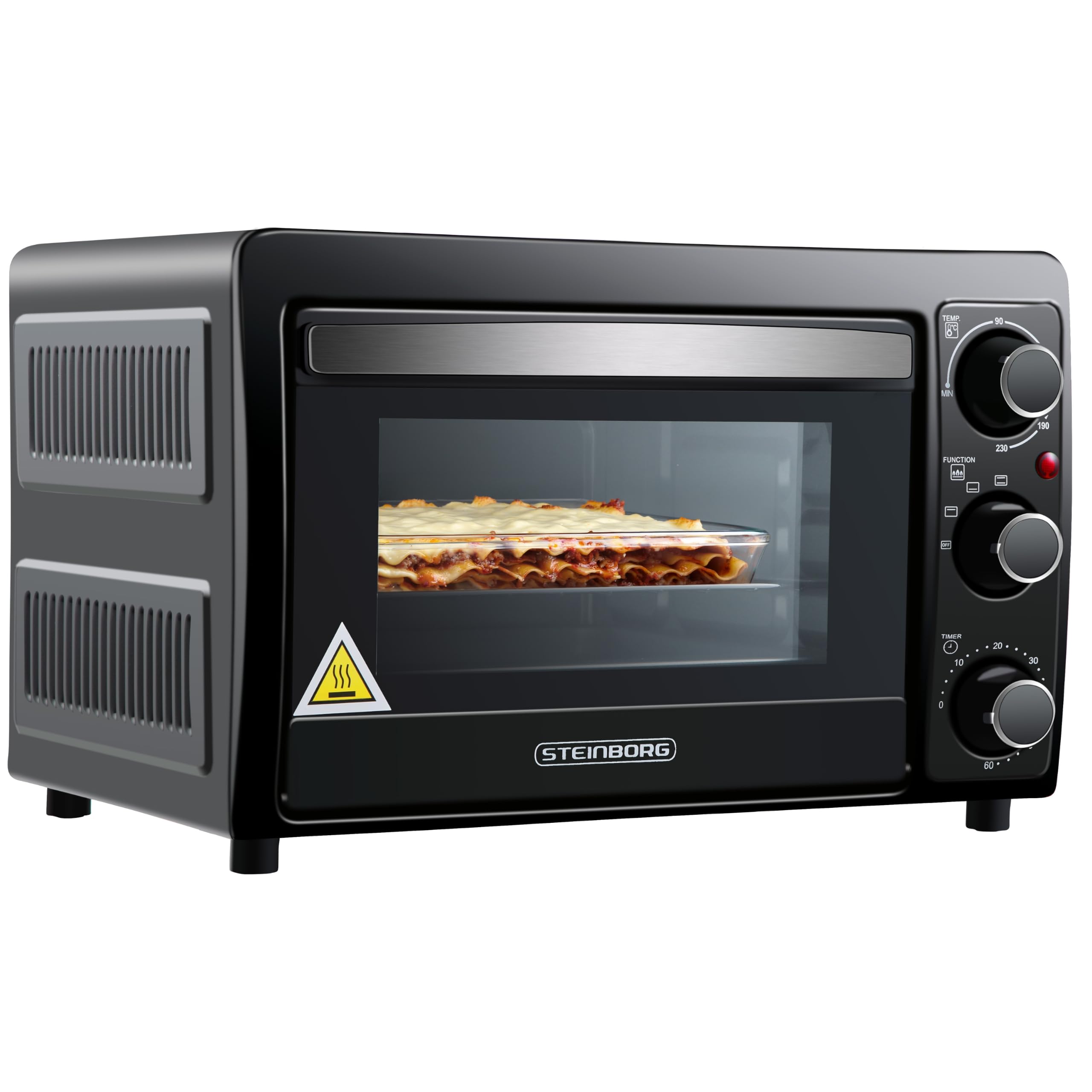 STEInBORG Mini four à pizza, 15 l, 3 en 1, mini four, plaque ramasse-miettes, chaleur de voûte et de sole, économe en énergie, minuterie 60 min