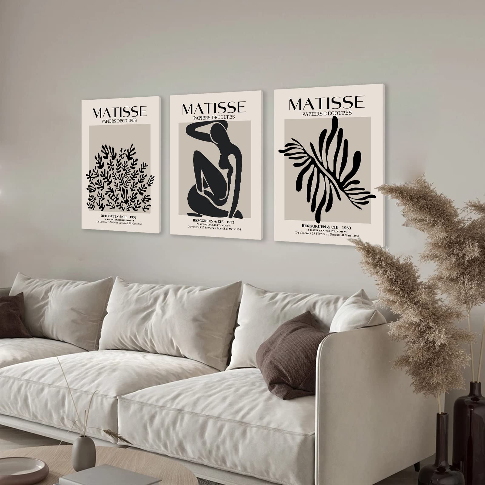 Matisse Wall Art Set of 3, Abstract Matisse Wall Art Exhibition Posters, Black Beige Framed Canvas Henri Matisse Prints Painting for Aesthetic Room, Minimalist Gallery Wall Art Decor for Bedroom, Bathroom, Living Room, Boho Room Decorï¼ˆ12x16inch)