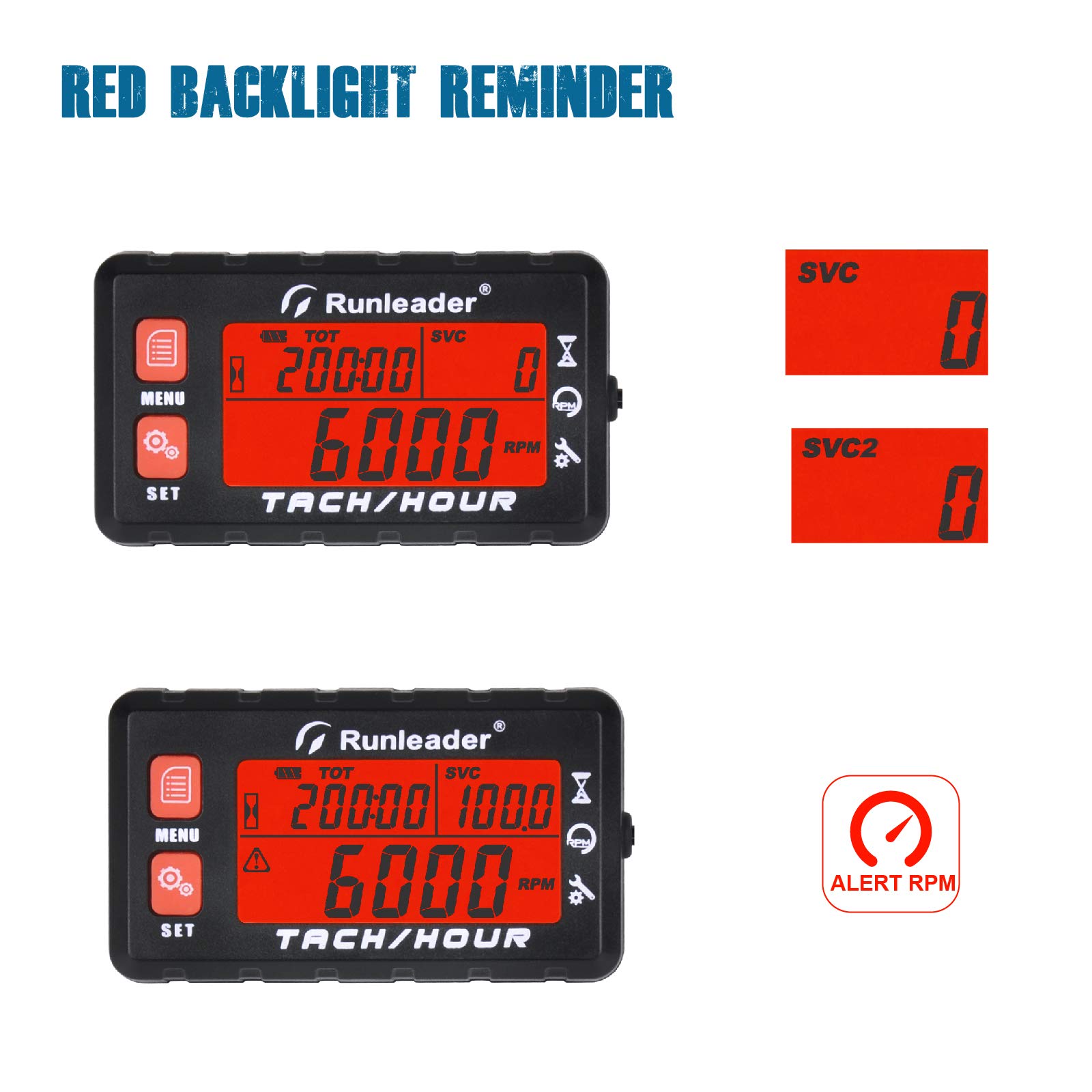Runleader Horas de mantenimiento digital Tacómetro, reloj y pantalla de retroiluminación, batería reemplazable para tractor de jardín, compresor, soplador de hojas, jetski, ATV, motor(058B, RD)