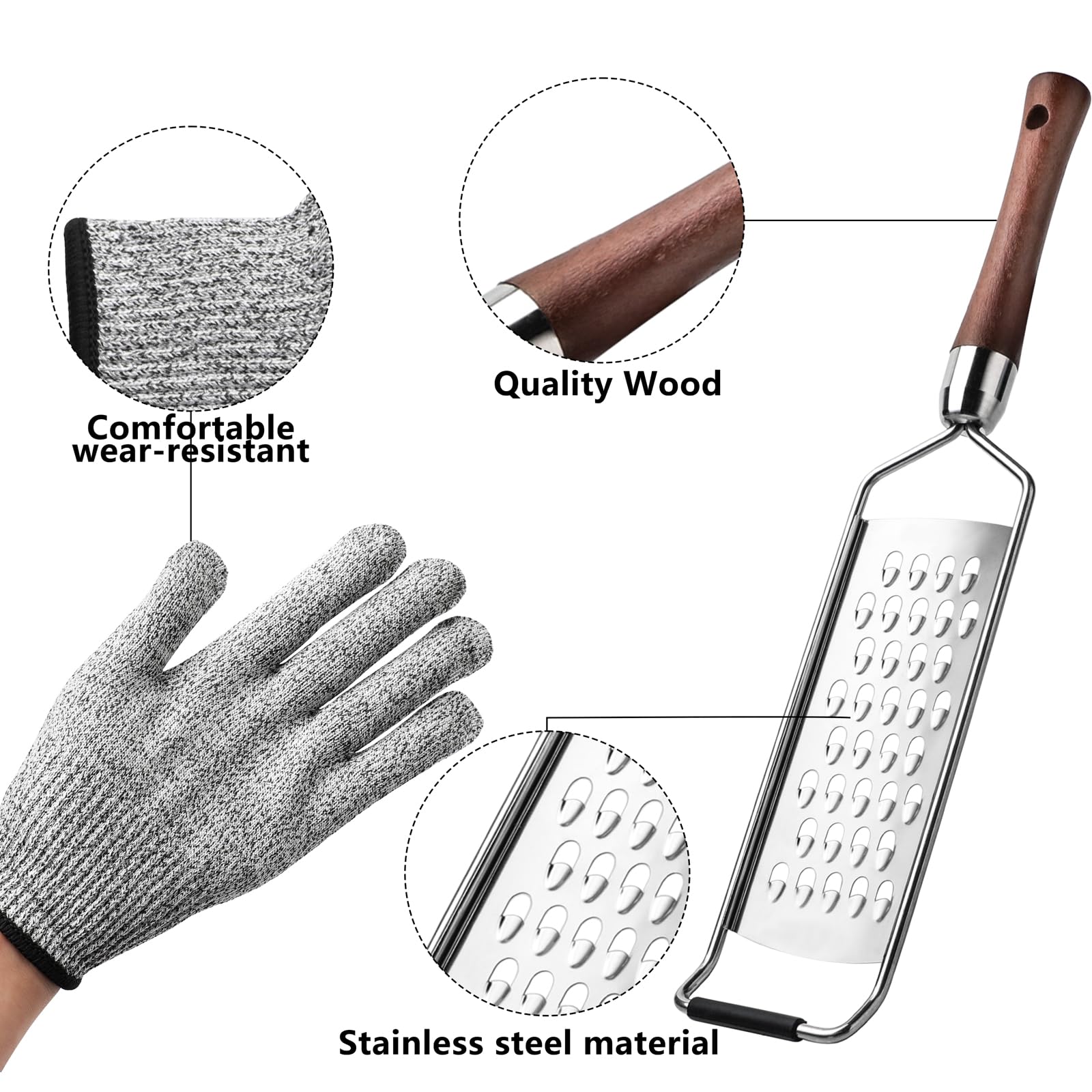 Cheese Grater Stainless Steel,Cheese Grater with Wooden Handle with Gloves Multi-functional lemon Grater Cheese Shredder For CheeseChocolateFruits Vegetables Ginger (style1)