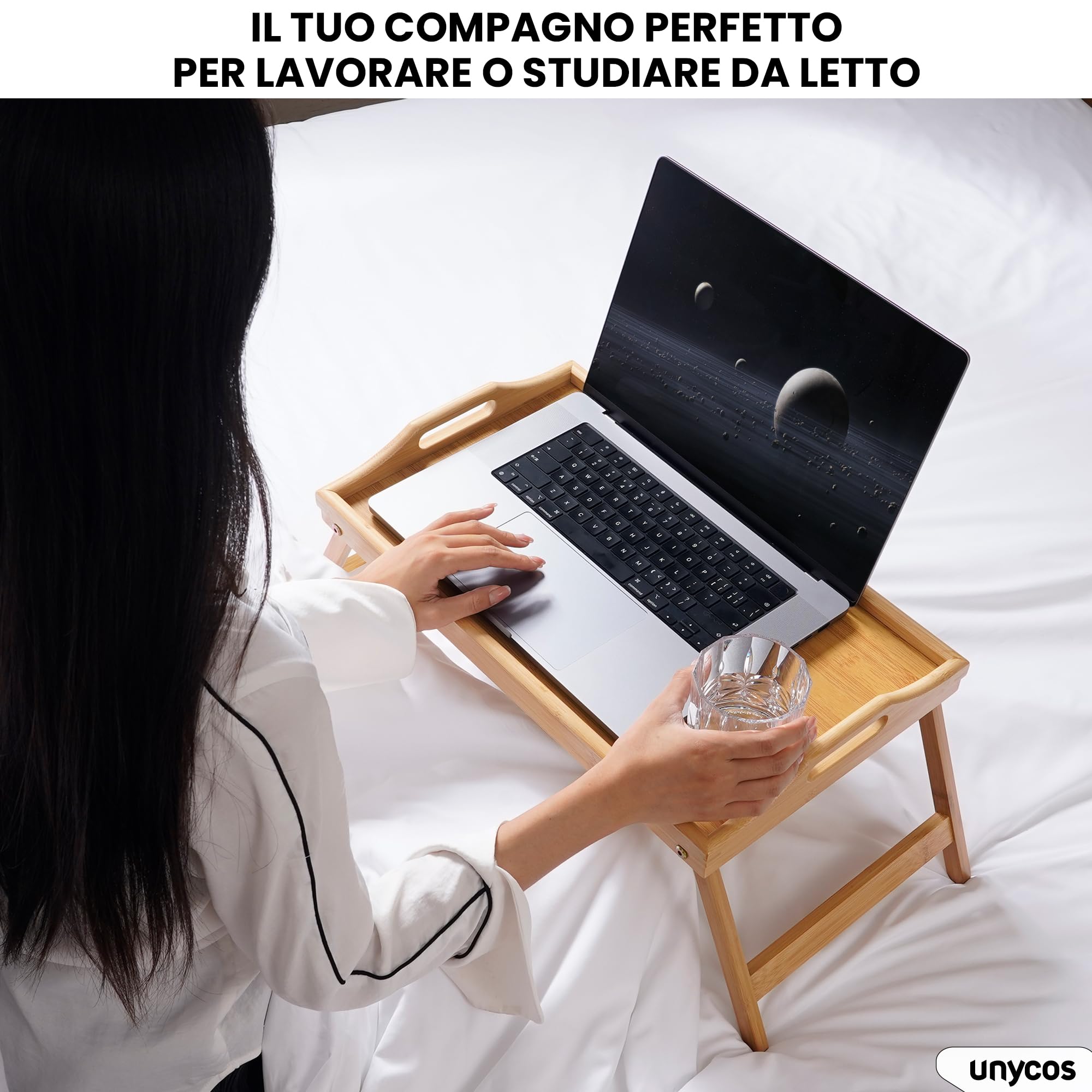unycos - Vassoio per la Colazione e da Letto in Bambù【50x30x22,3 cm】Tavolo Pieghevole PC Portatile | Bordo Alto, Tavolino Multifunzione, Resistente all'Umidità per Lavorare/Leggere (Tavolo da Pranzo)