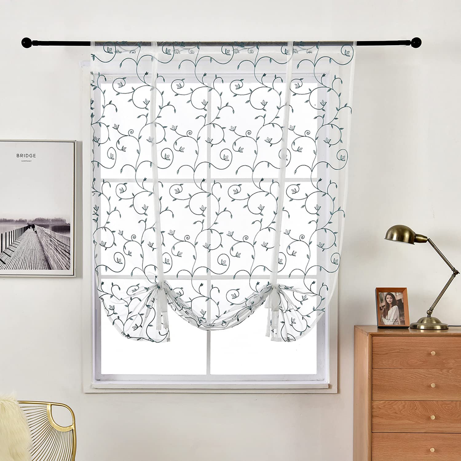 Voile Raffrollo Mit Pfingstrosen-Muster - Landhausgardine Mit Tunnelzug 80x140cm Transparent