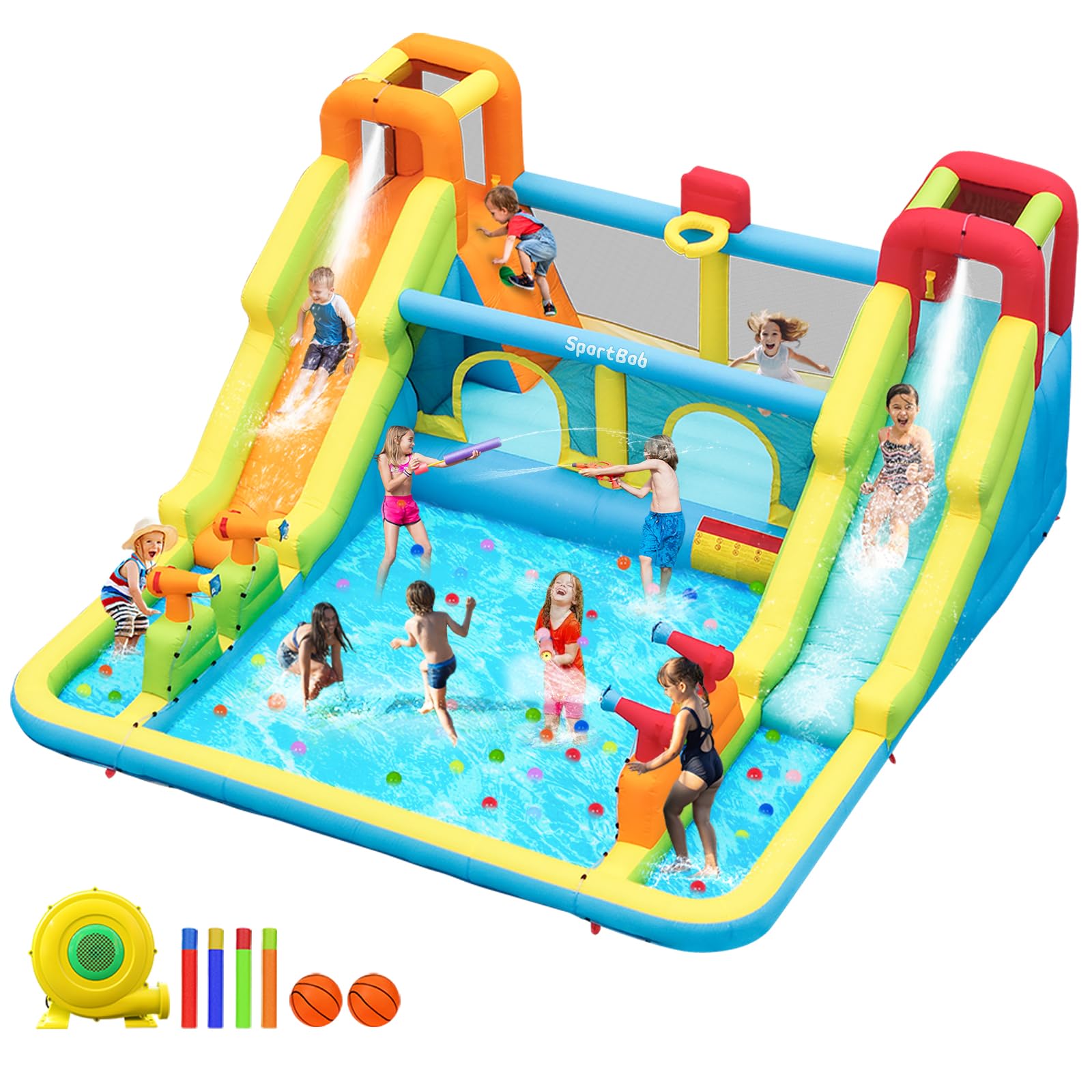 ZAZA Home Opblaasbaar Springkasteel Springkasteel Ballenbad Met Glijbaan Waterglijbaan Met Transporttas Voor Kinderen Vanaf 3 Jaar 290 X 270 X 230 Cm