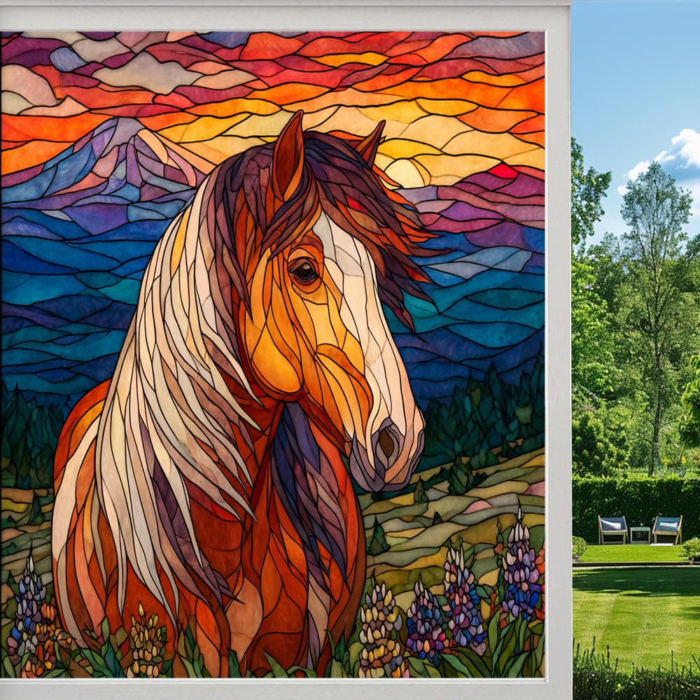 Natural Horse Frosted Window Film, Farm Floral Mountain Wildlife Stained Glass Privacy Film, Heat Insulation Self-Adhesive Vinyl for Bathroom Office,（90x160cm）