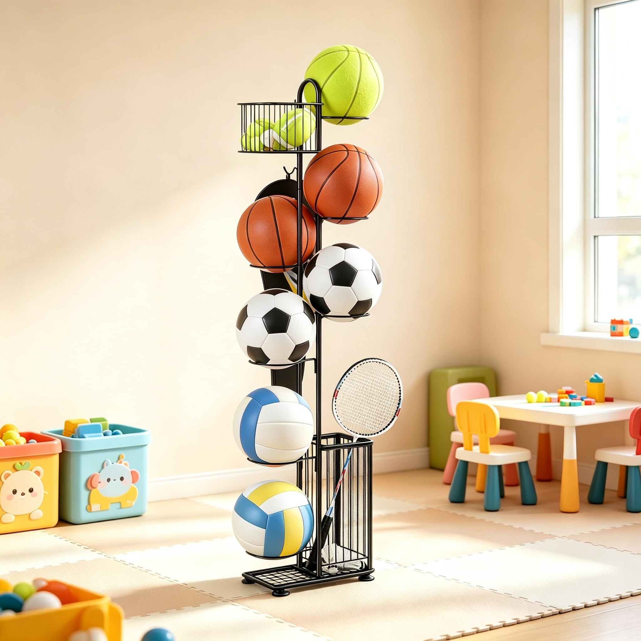 Smusei Support à billes en métal, 7 niveaux, support vertical pour balles avec paniers et crochets, salon et extérieur, équipement de sport, organisateur pour basket-ball, football, volley-ball