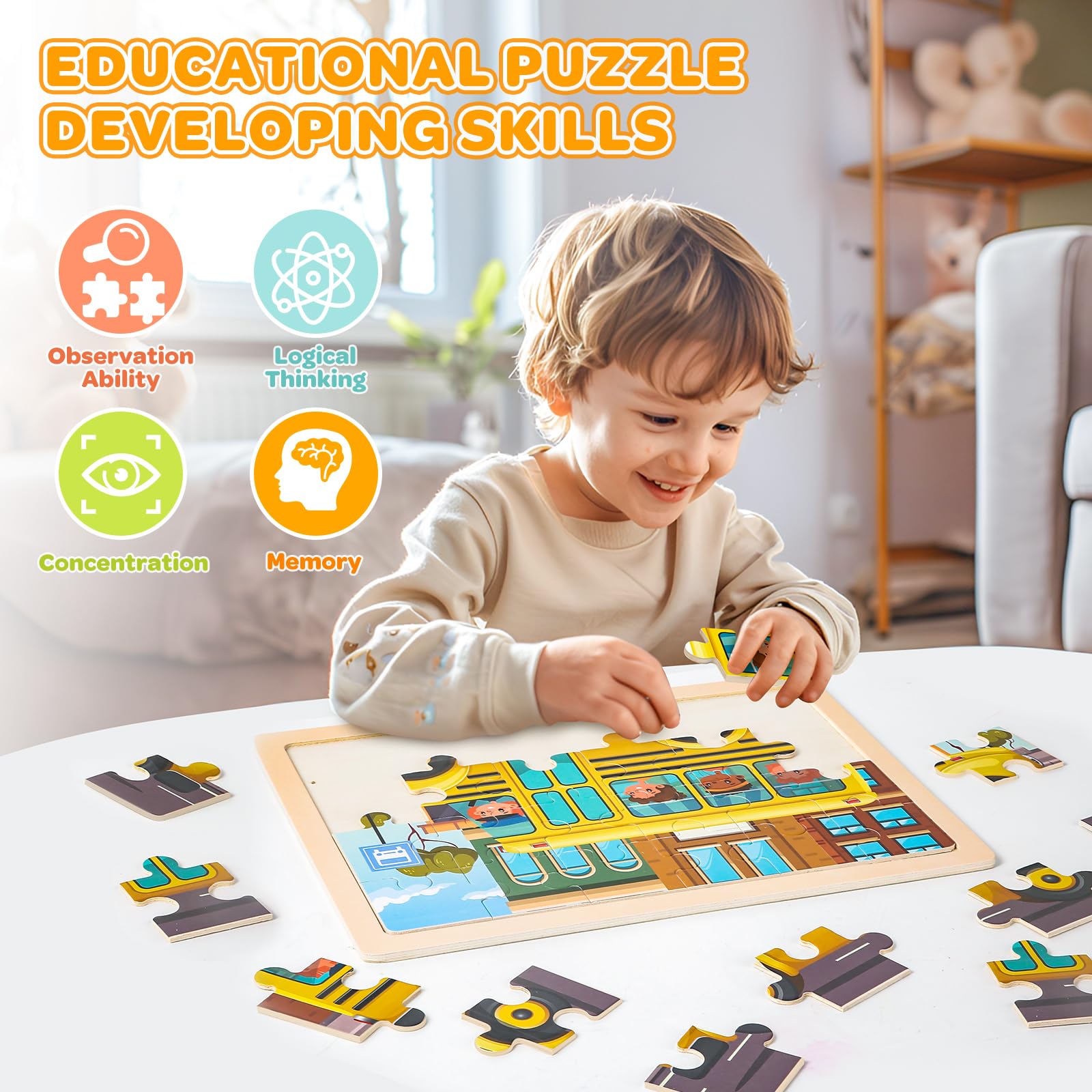 Puzzles für Kinder von 4 bis 6 Jahren, 4 Packungen mit 24 Holzpuzzles für Kinder von 2 bis 4 Jahren, Vorschulpädagogisches Spielzeug, Spielzeug für Jungen und Mädchen von 3 4 5 6