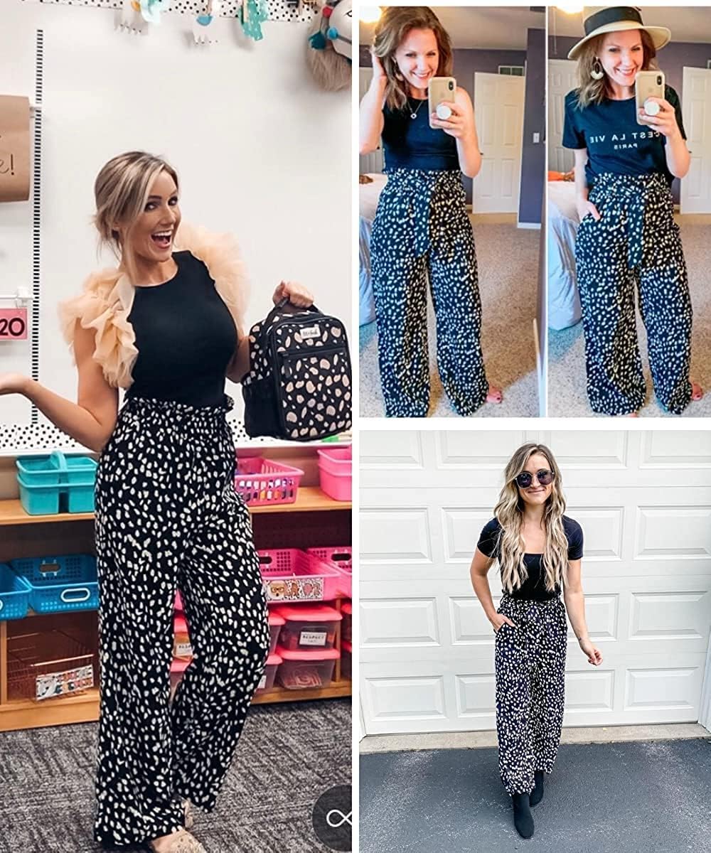 SySea Womens High Waisted Leopard Print Palazzo Pants Belted Wide Leg Long Trousers with Pockets - Image 4