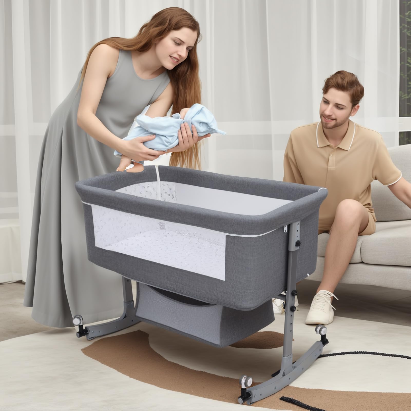 Berceau Cododo Bébé Évolutif avec Moustiquaire, Lit Bébé Réglable en Hauteur et Bascule, Couffin avec Support et Roues Verrouillables – Gris