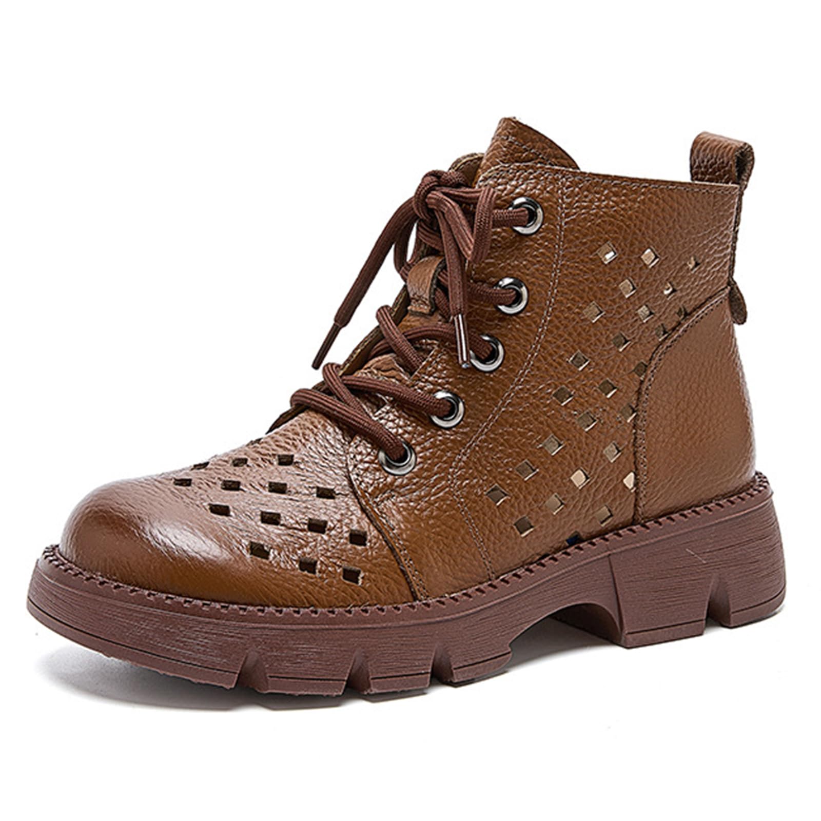 Womens Genuine Leather Hollow Out Breathable Chunky Platform Ankle Boots Fashion Comfort Round Toe Lace Up Soft Lug
