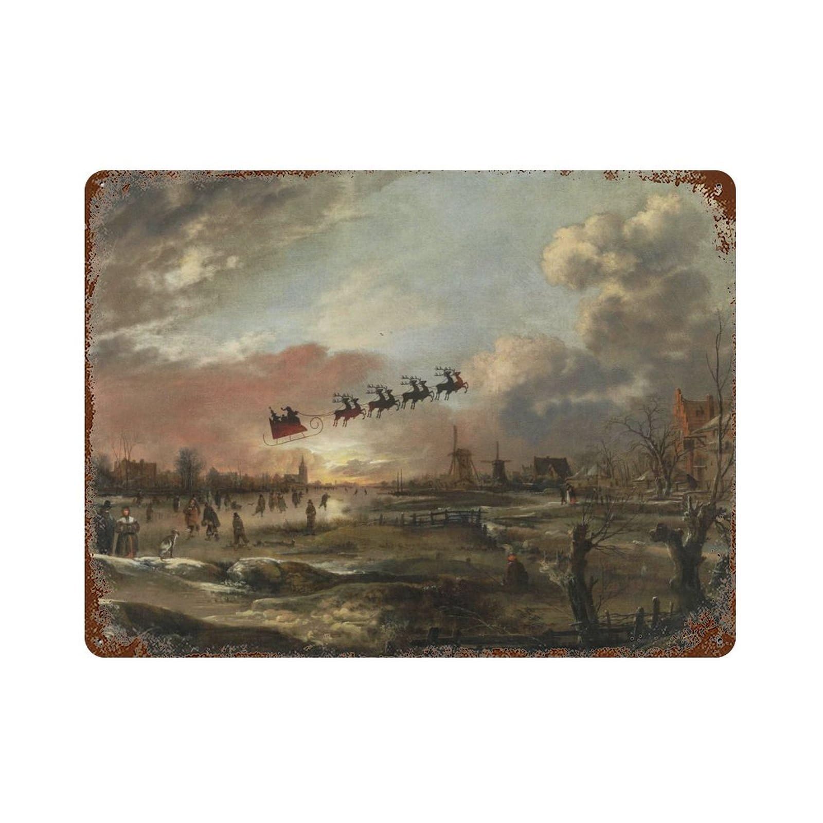 xiaoxiaoshen Vintage Santa Claus with His Sleigh And Reindeer Oil Painting Wall Decor Art Metal Tin Poster Modern Home Decor Art Home Bar Shop Decorations Vintage Sign 30x40cm