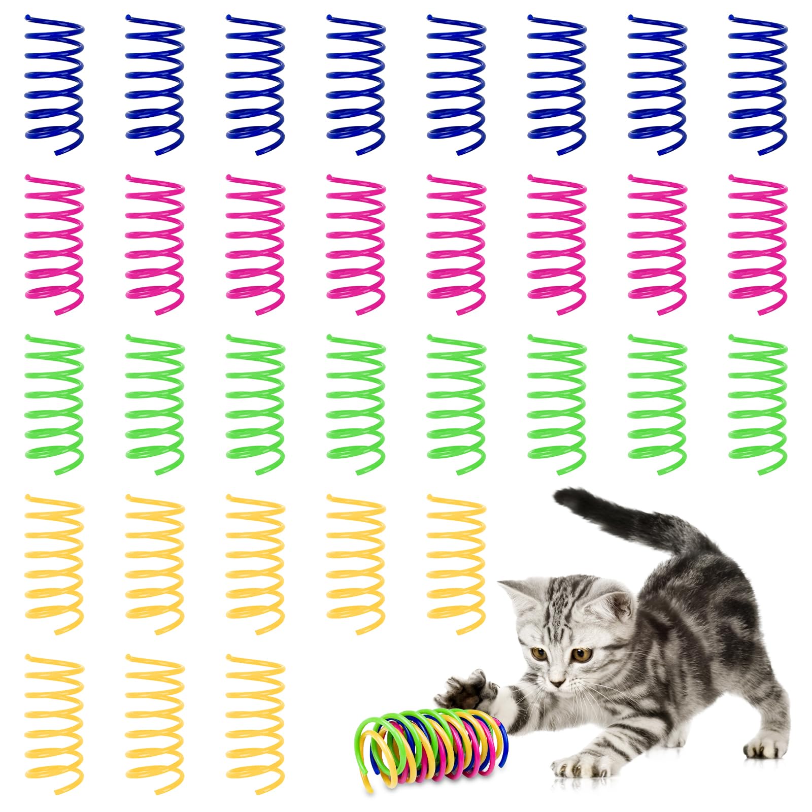 Maxentico 32 Piezas Muelle en Espiral para Gato, Juguete Interactivo para Gatos, Juguetes de Primavera, Muelles Coloridos de Plástico Ideal para Matar el Tiempo y Mantenerse en Forma(4 Color)
