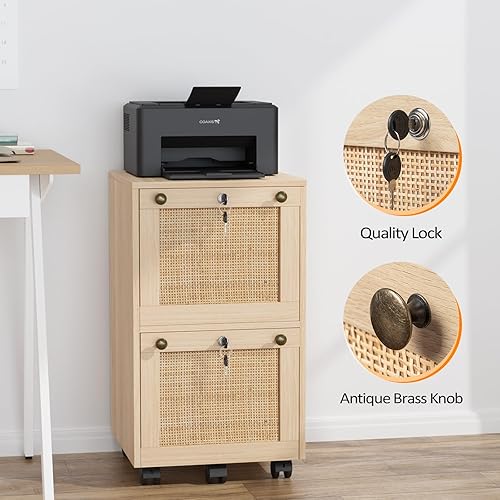 Miniatura 7 de VINGLI Archivador pequeño de 2 cajones con cerradura, archivador de madera para colgar archivos de tamaño carta con pestañas, archivador móvil