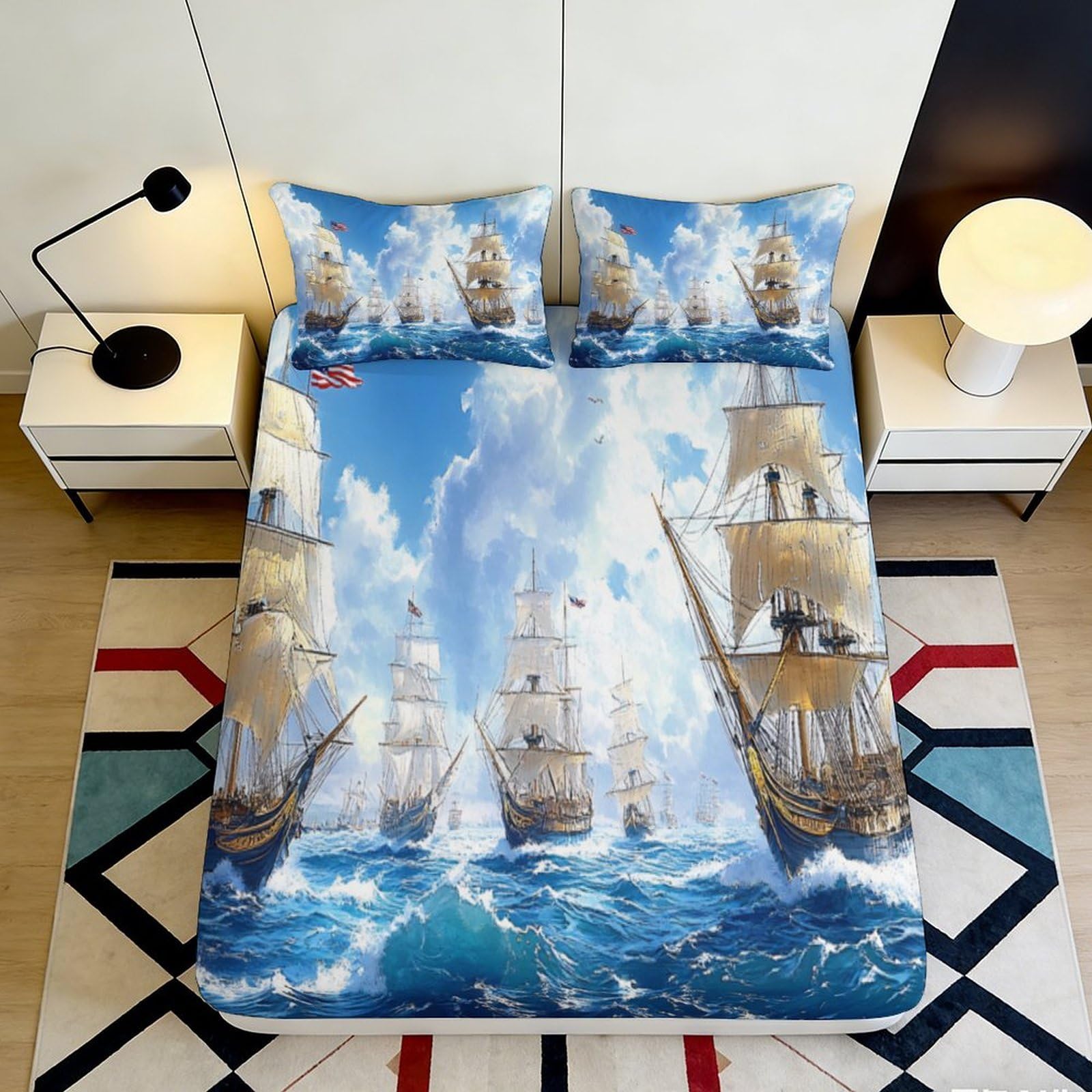 3D Printed Nautical Ship Fitted Sheet Microfiber Deep Pocket Non-Slip Nautical Ship Mattress Fitted Cover Bedroom Adult Teen 200x200x25cm
