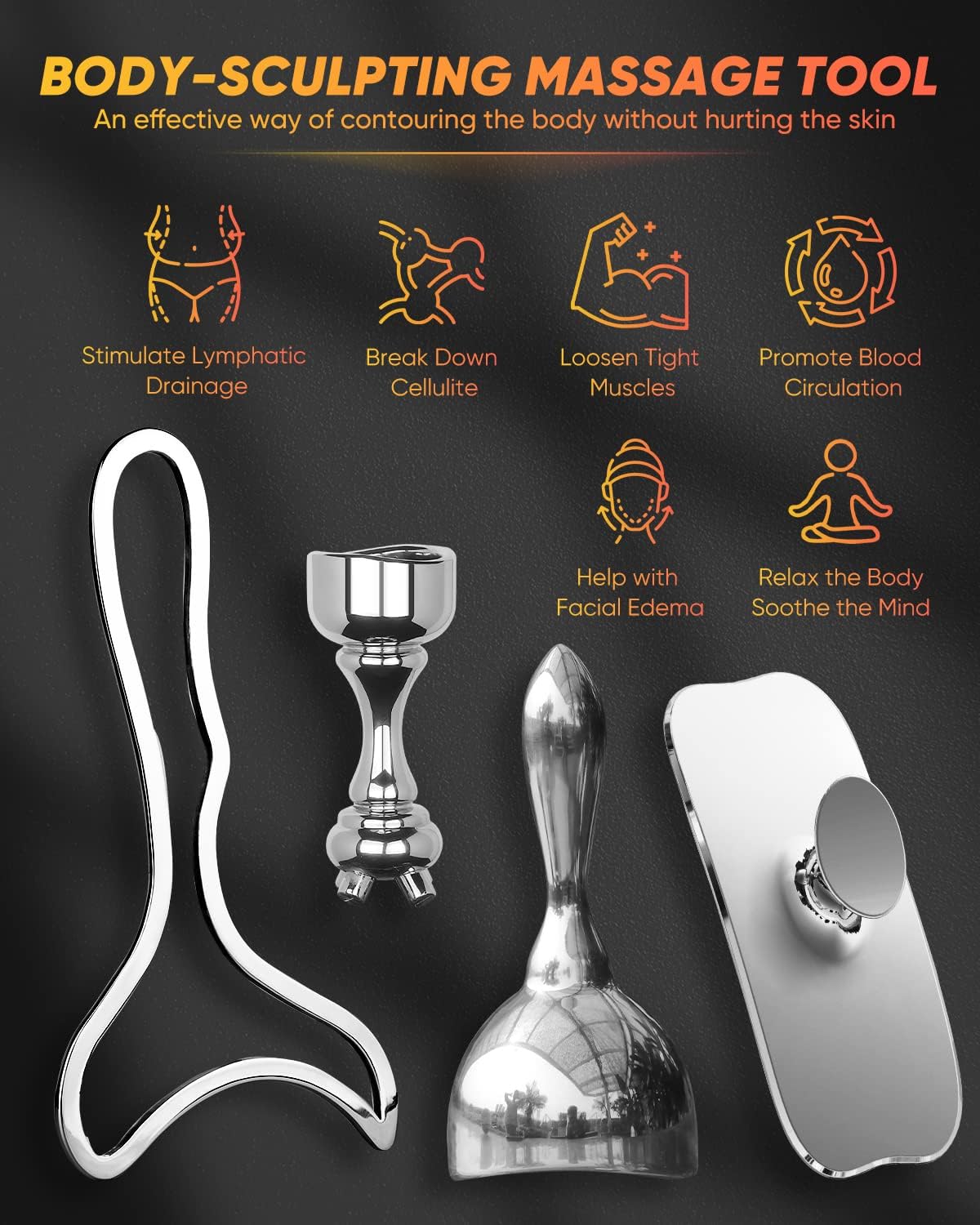 ONUEMP Stainless Steel Therapy Massage Tools, Gua Sha Scraping Body & Face Massager, Maderoterapia Kit Colombiana for Ice Body Sculpting, Lymphatic Drainage, Cellulite Remover, Relieve Sore Muscle - Image 2