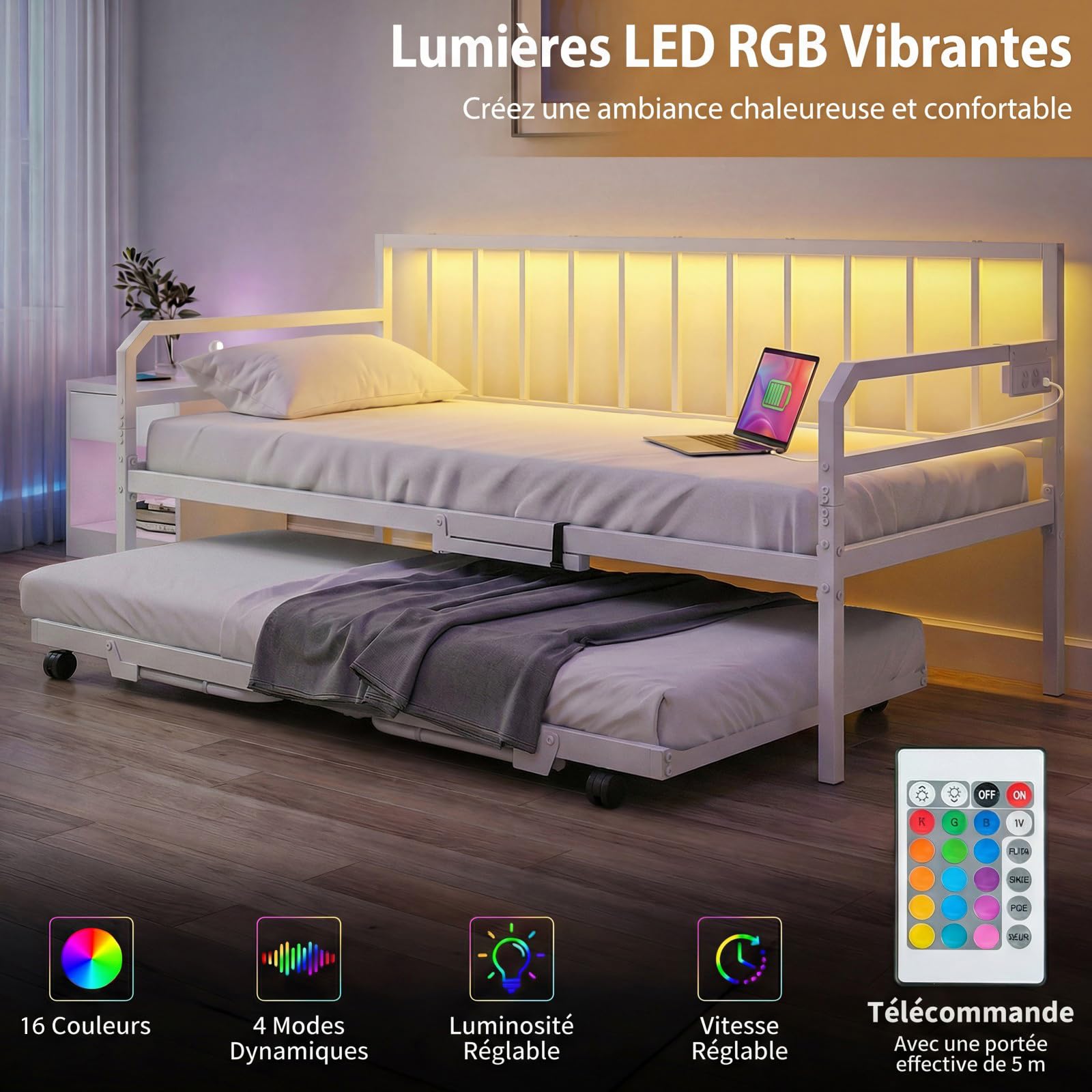 COSTWAY Canapé Lit Gigogne 90 x200 /180 x 200 cm avec Éclairage LED (Blanc)