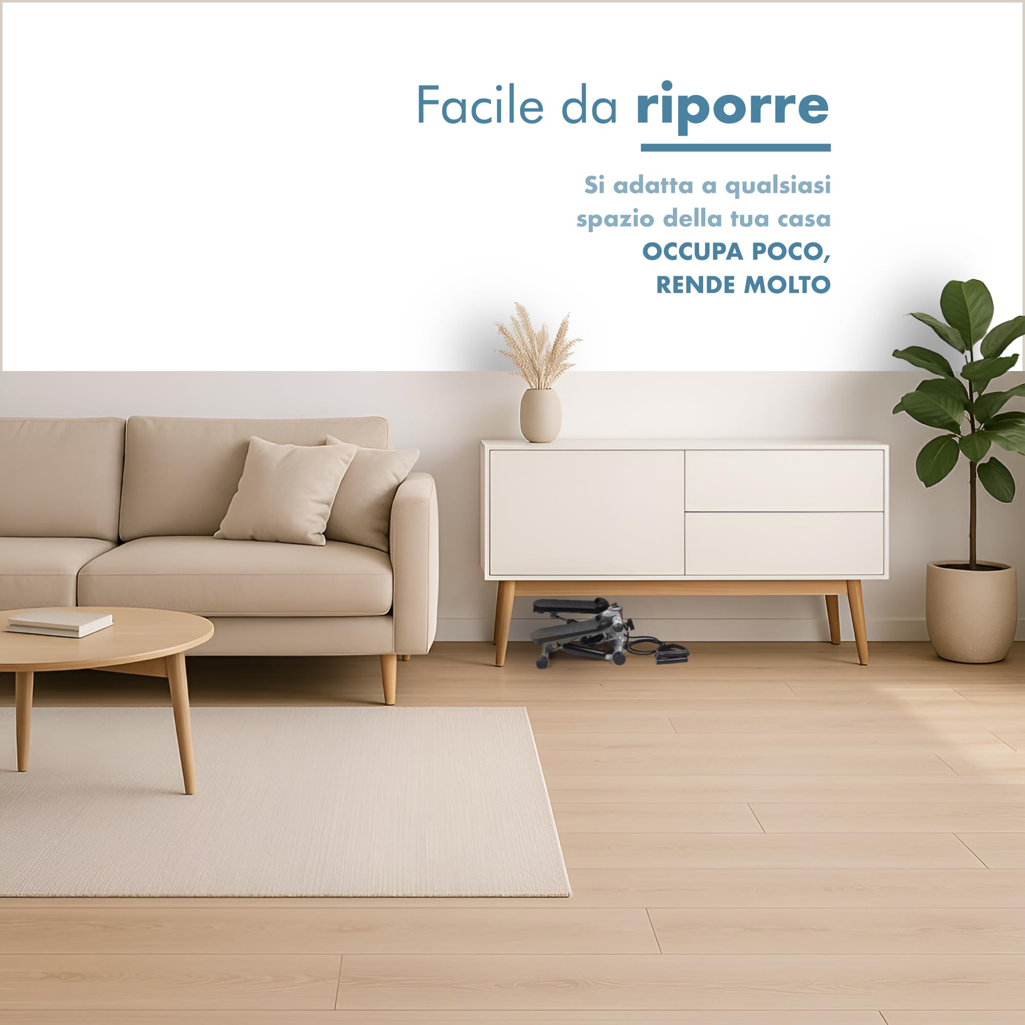 PORTENTUM Mini stepper fitness casa con bande di resistenza e schermo LCD 5 funzioni — Step 3-in-1 per gambe, glutei e braccia — Intensità regolabile — Attrezzi palestra compatti e facili da riporre