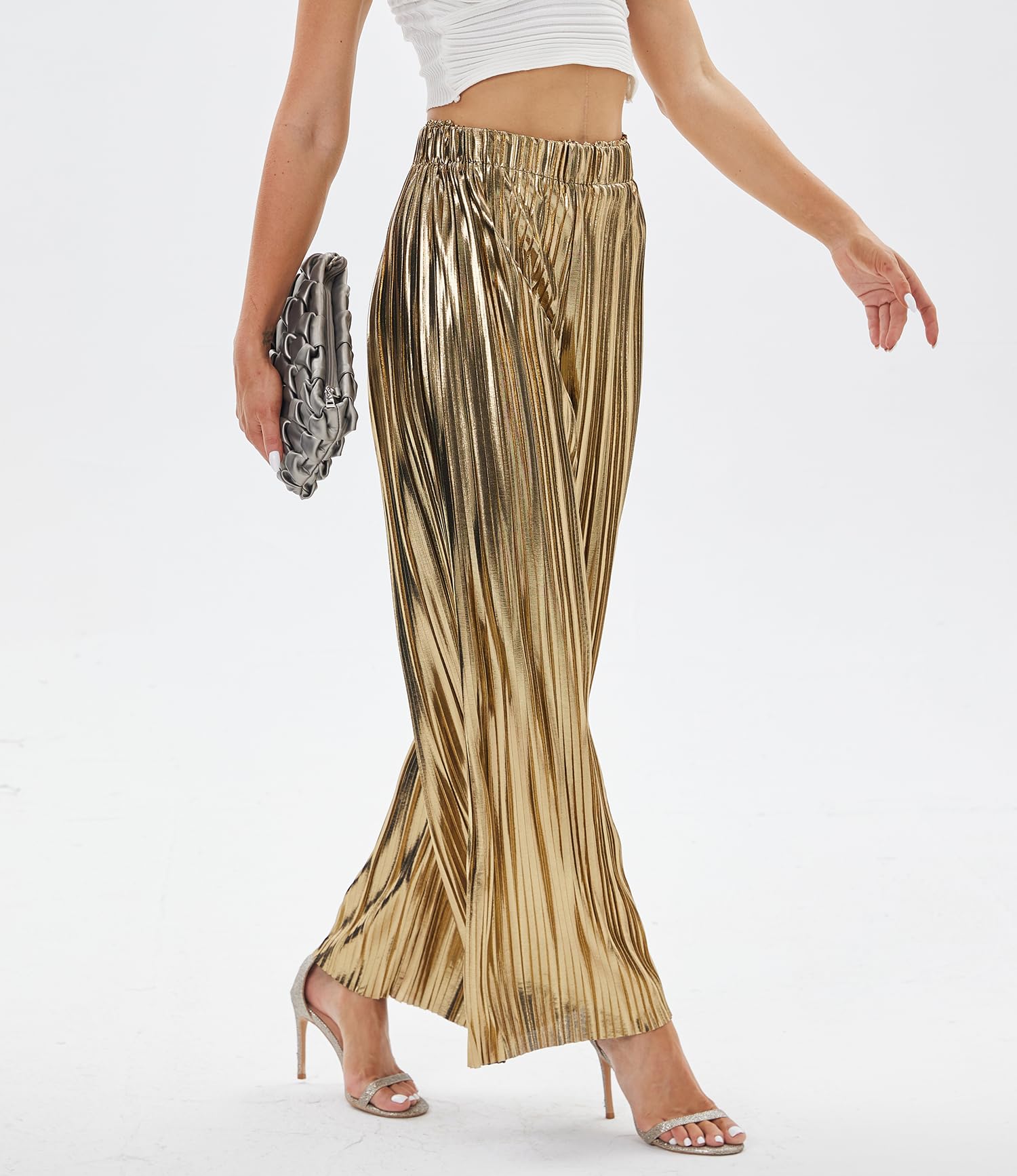 Fakanhui Pantaloni a palazzo da donna a gamba larga metallizzati oro argento casual abito da sera party clubwear pantaloni