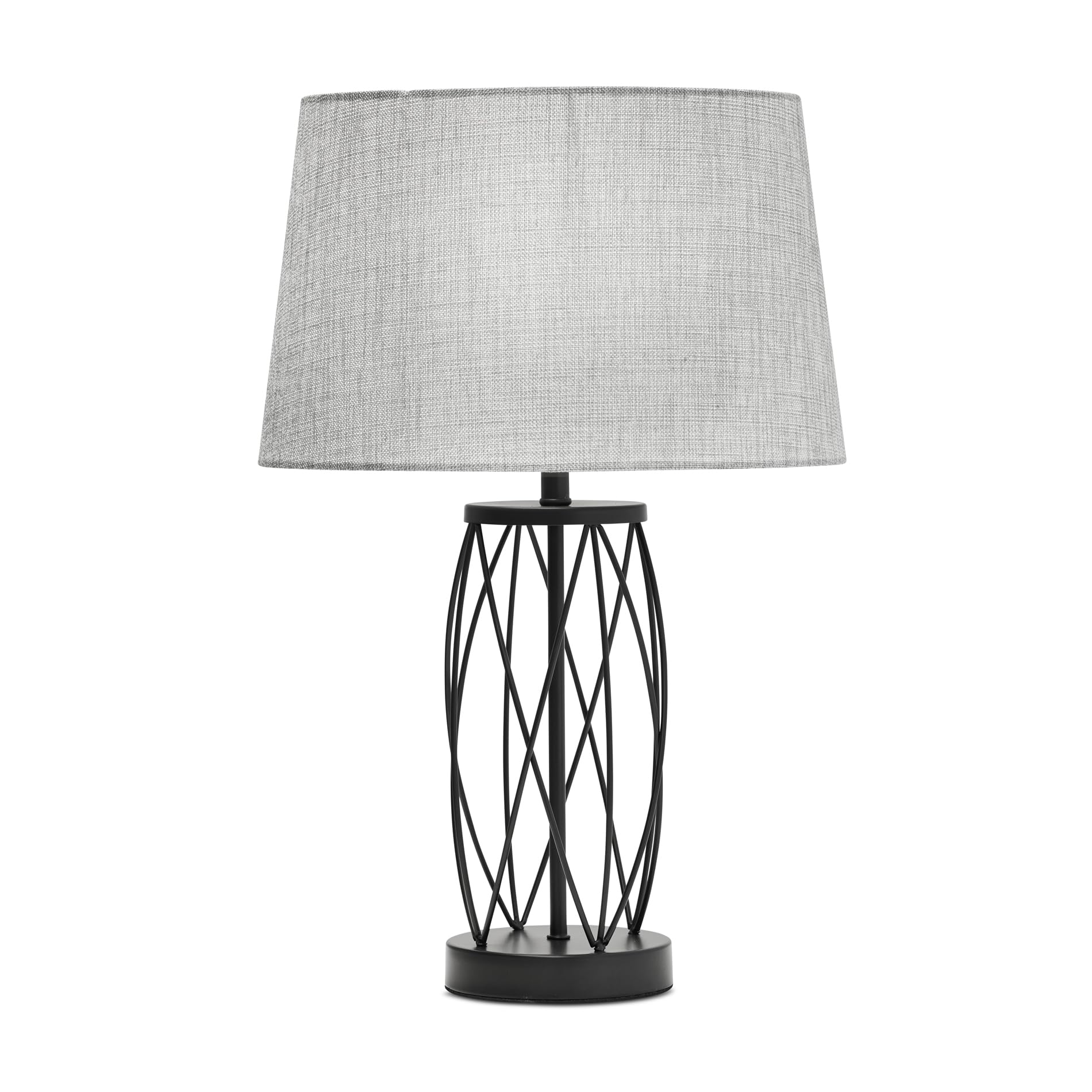 Lighting Supermarket Black Ashleigh Metal Lattice Cylinder Lantern Table Lamp With Grey Linen Shade