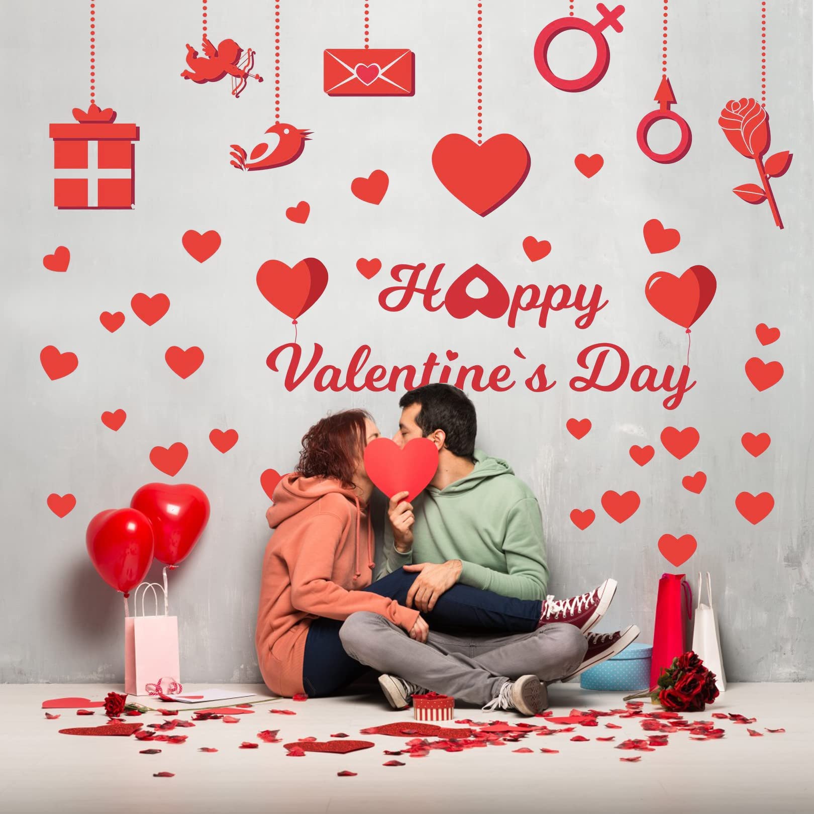 Jc.upin Red Valentines Day Wall Clings Decoration, Romantic Heart Window Sticker Decals For School Home Office - Removable Party Ornaments Supplies Valentine's Day, Anniversary, Wedding