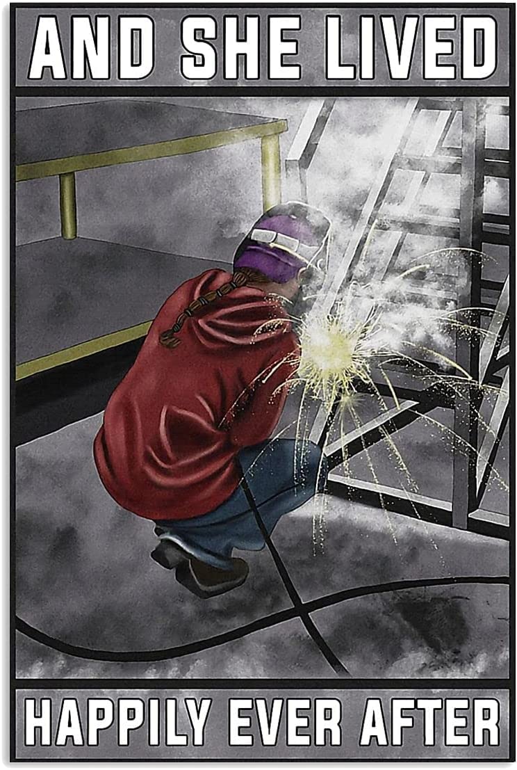 rayprint Girl Welding Metal Tin Signs And She Lived Happily Ever After Posters Home Bedroom Garage Aluminum Sign Wall Decor Gift Plaque For Welder 8x12 Inches