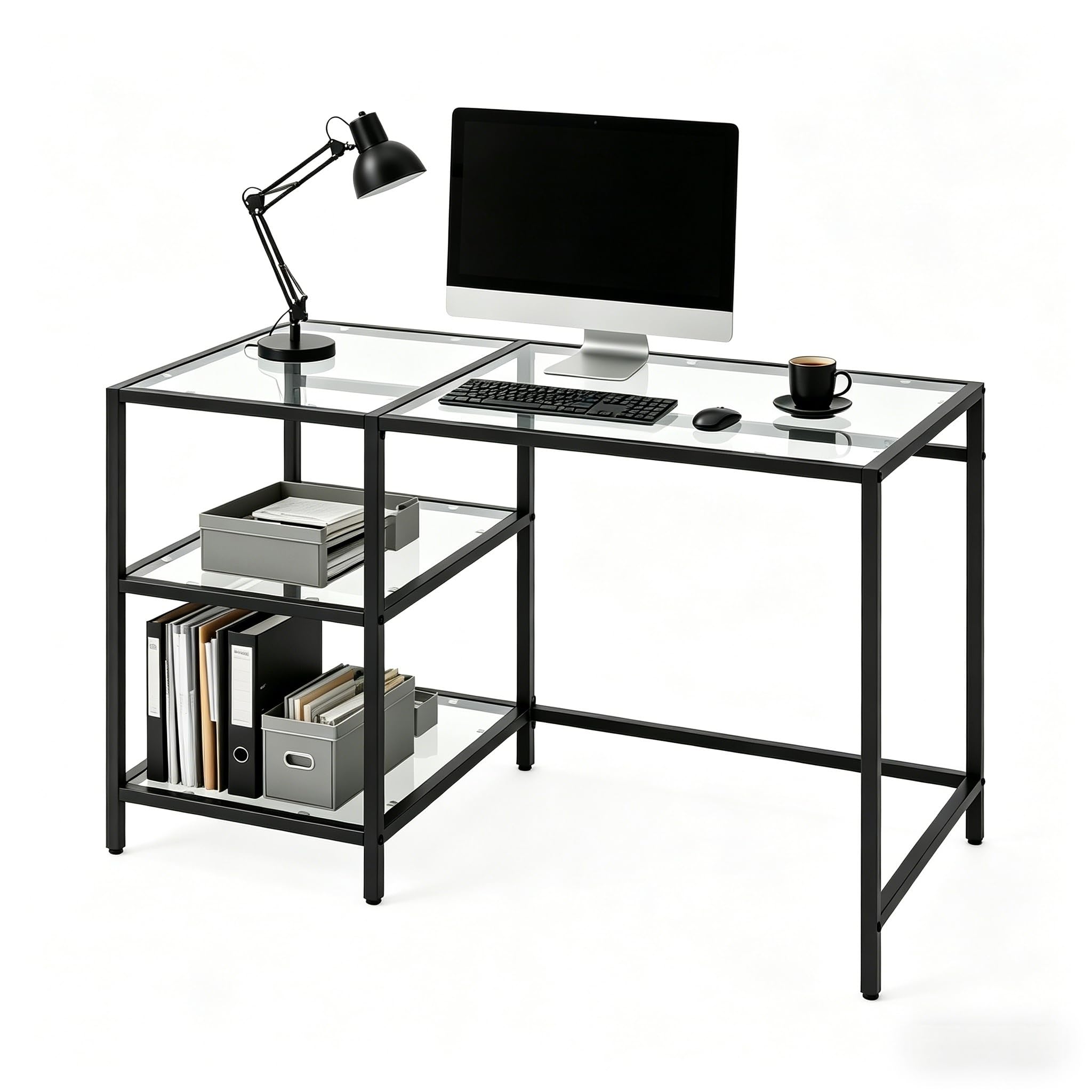 RELAX4LIFE Scrivania in Vetro Temperato, Scrivania per Computer con 2 Ripiani Aperti e Struttura in Metallo, Tavolo Consolle Moderno per Soggiorno, Ufficio e Studio, 106 x 51 x 77,5 cm (Nero)