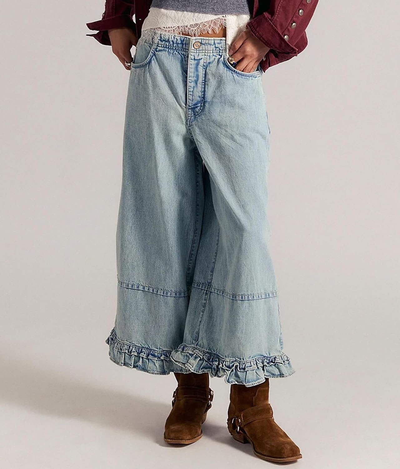 loveimgs Women Ruffle Hem Jeans Mid Rise Wide Leg Jeans Cropped Denim Pants Y2k Baggy Ankle Sweatpants Boho Retro Trousers