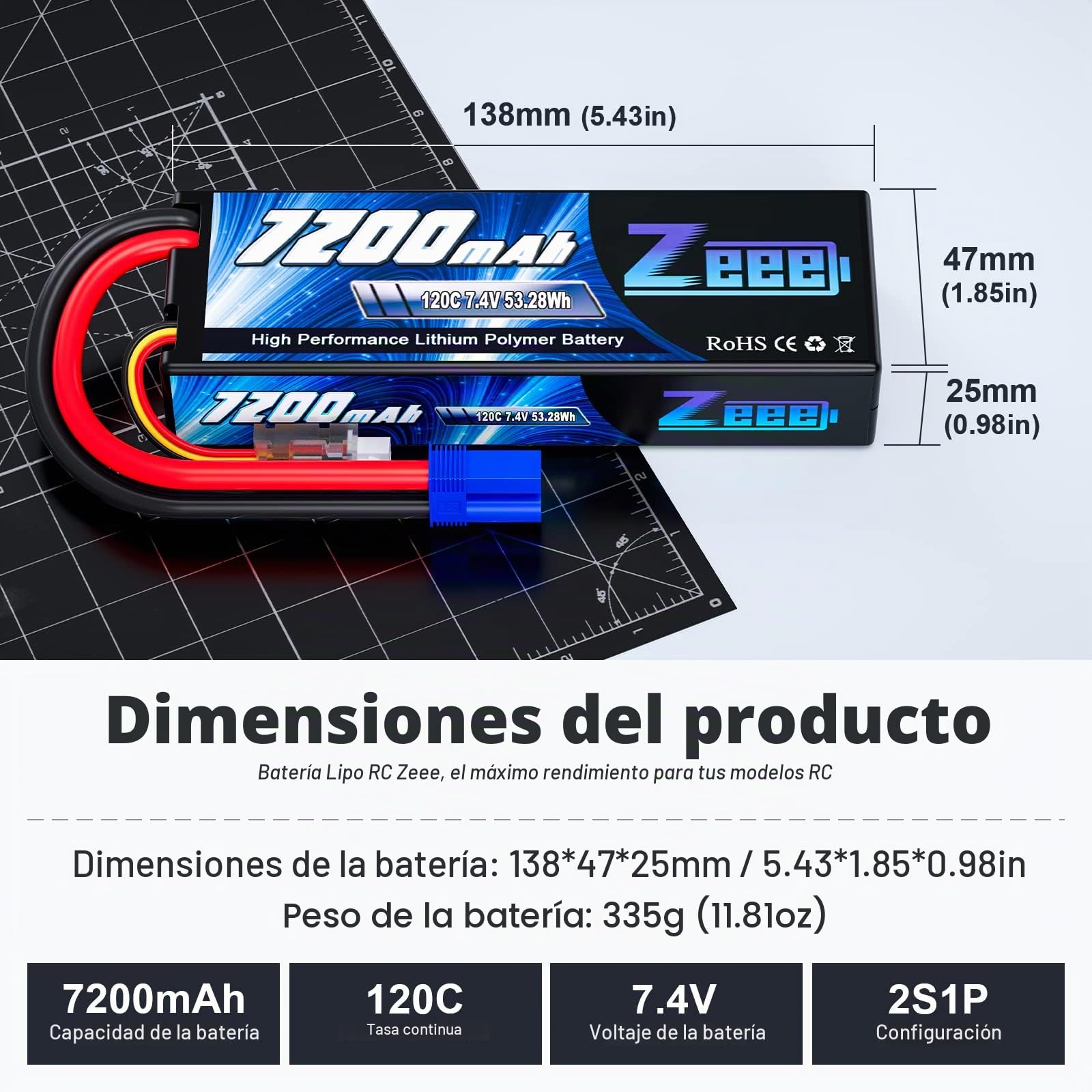 Zeee 2S Lipo 7200mAh 7.4V 120C con Enchufe EC5 Batería RC Hardcase(2 pcs)