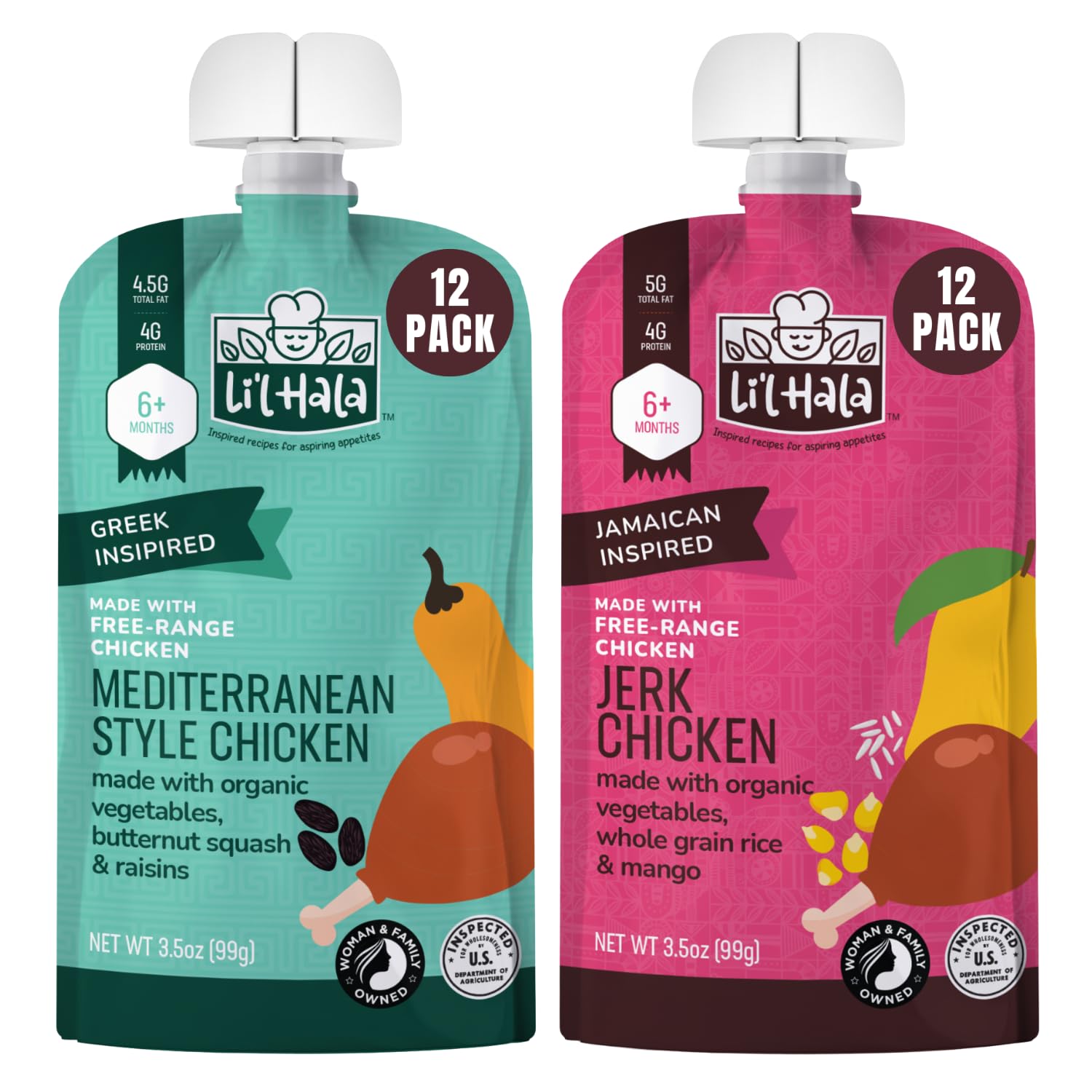 Li’l Hala Baby Food Pouches – 2 Flavors (24 Total) – Mediterranean & Jerk Chicken – Free-Range Chicken & Organic Veggies – Protein & Healthy Fats – Toddler Puree Meals for 6+ Months – 3.5 oz Pouches