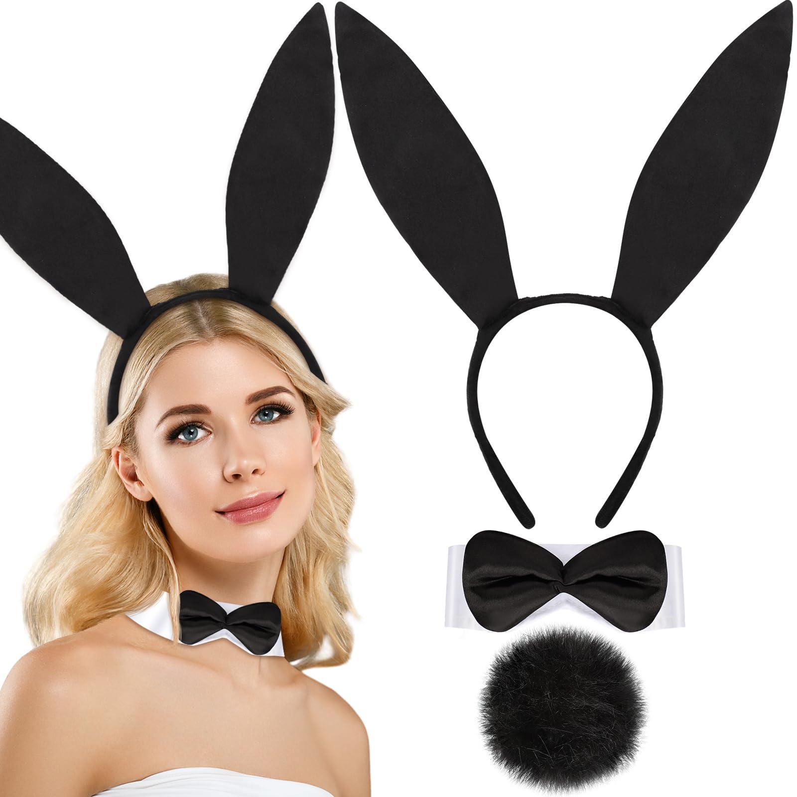 Jutom 3 Pcs Black Bunny Costume Set Black Bunny Tail Rabbit Ear Headband Collar Bow Tie Bunny Costume Accessories for Halloween Easter Cosplay Party Dress Up Gift Set