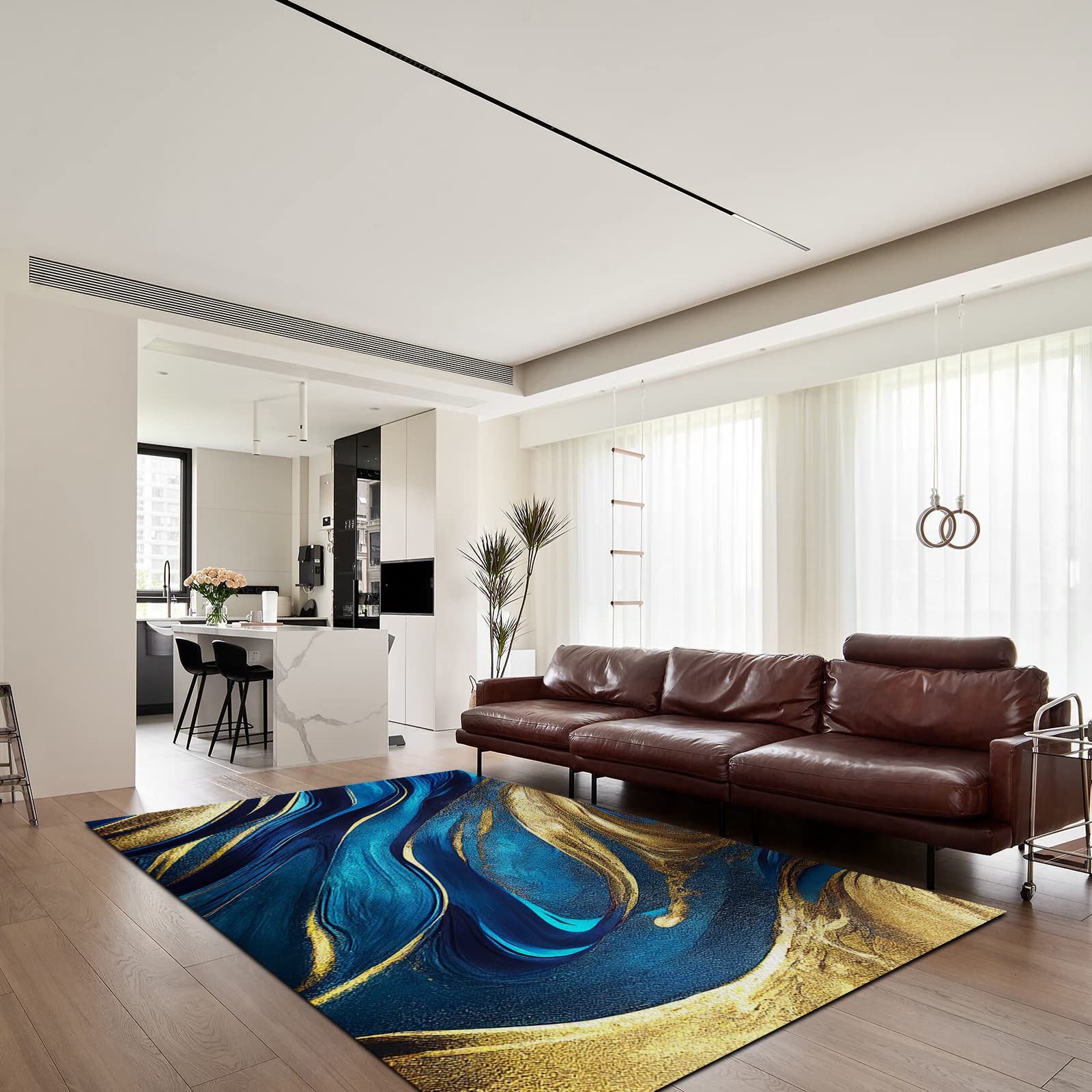 Tapis de chambre à coucher 3D incurvé 3D effet marbre bleu doré, antidérapant, doux au toucher, facile à nettoyer, pour bureau, famille et animaux de compagnie, 160 x 220 cm