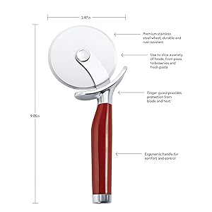 KitchenAid Classic Pizza Wheel with Sharp Blade For Cutting Through Crusts, Pies and More, Built In Finger Guard for Safety and Comfort Grip to Protect Fingers, Dishwasher Safe, 9-Inch, Red