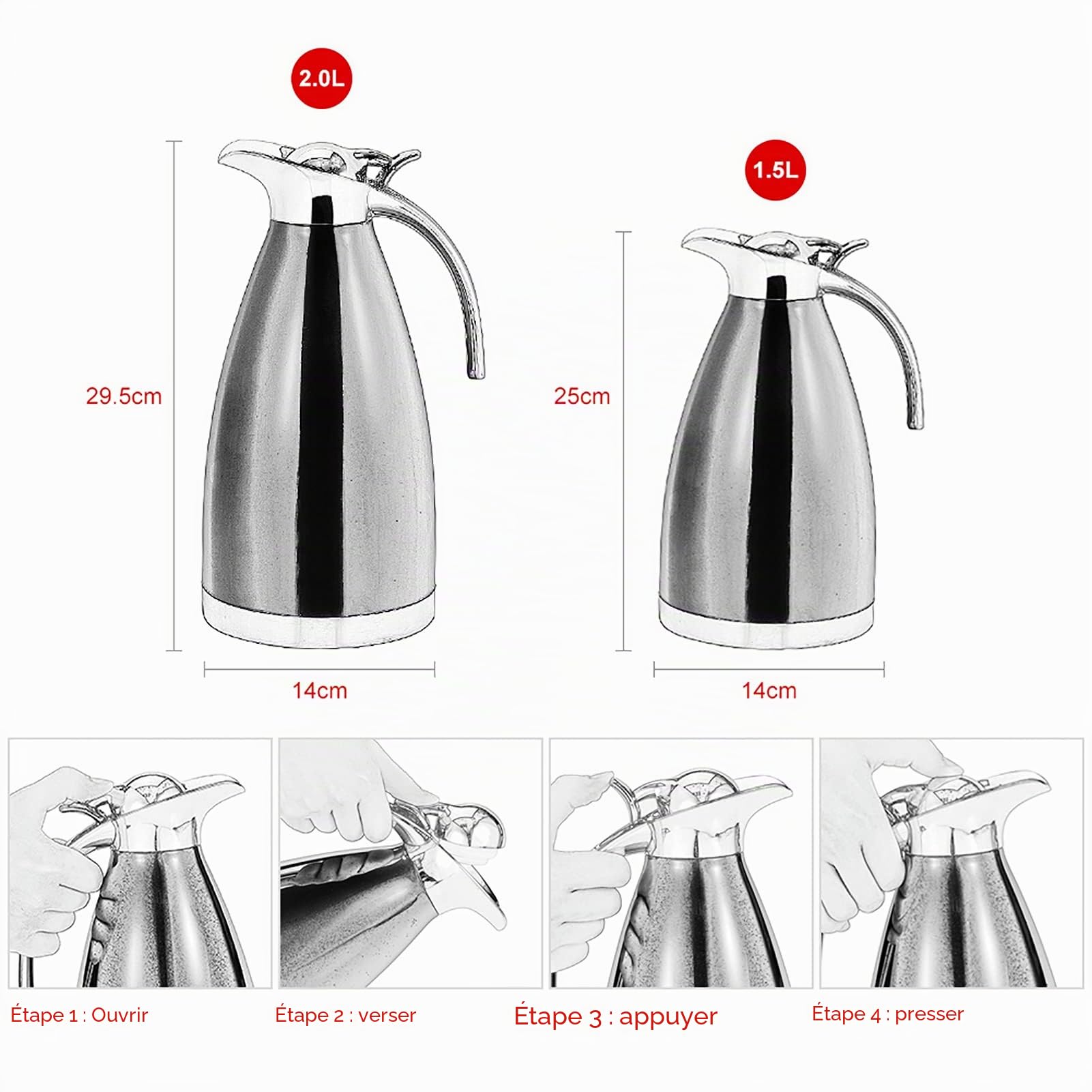 Carafe Isotherme 2L en Acier Inoxydable Double Paroi, Théière et Cafetière de Bureau pour Boissons Chaudes et Froides, Poignée Ergonomique, Multi-Usage Maison ou Bureau, Rouge