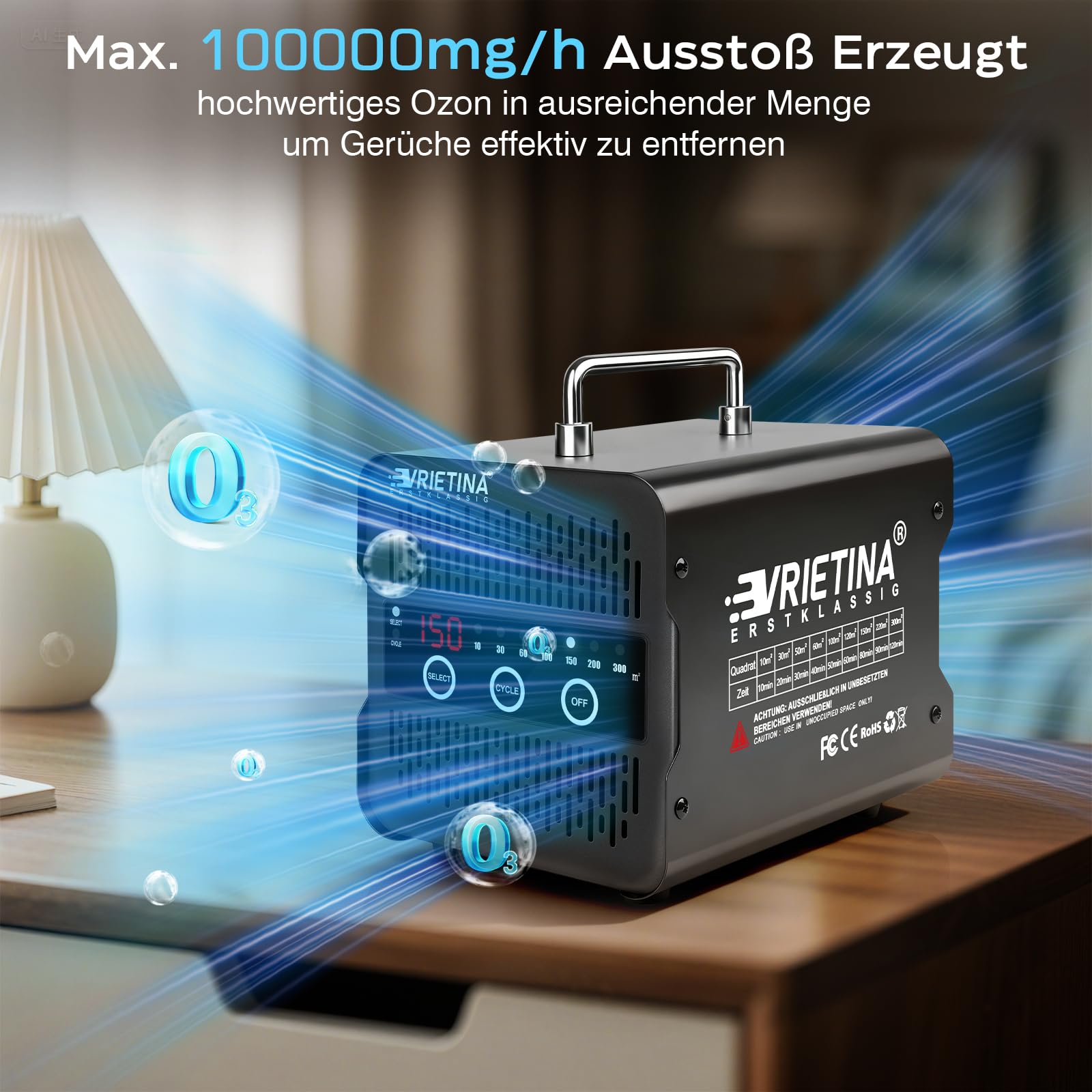 Ekran dotykowy O3 generator ozonu 100000 mg/h do samochodu, mieszkania, zwierząt domowych, kuchni | do 300 ㎡, timer 120 min, 35 dB, przemysłowy ozonator, ozonator, oczyszczacz powietrza, neutralizator zapachów