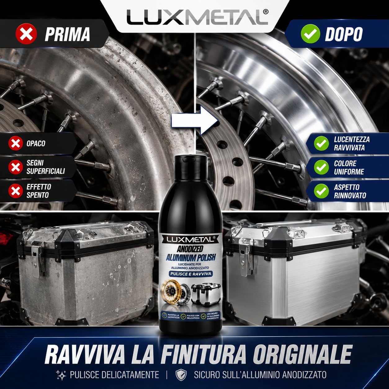 Anodized Aluminum Polish 250 gr, Lucidante per Alluminio Anodizzato, Pulisce e Ravviva Cerchi BMW GS Auto Moto Ruote Valigie e Bauli in Alluminio Azione Delicata