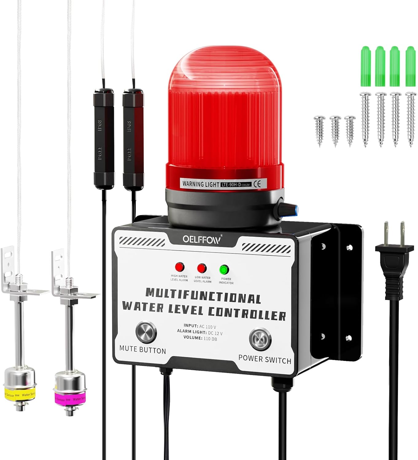 110 VAC High/Low Water Level Sensor Detector Alarm, Water Level Monitor with 110dB Sound & Light Sump Pump Alarm, Water Overflow/Level Warning System for Pond Water Tank Swimming Pool Basement