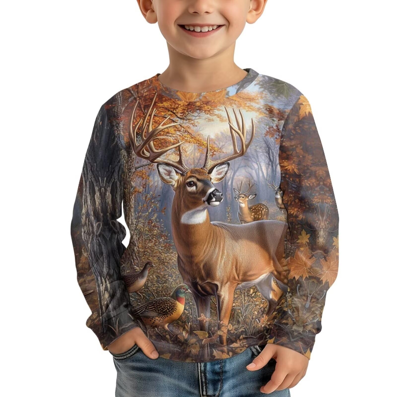 Frymappies Kids Camo Tree T-Shirt Boys Deer Hunting Shirt 3T 4T Long Sleeve Tshirts Toddler Boy Novelty Shirts Animal Graphic Tees Tunic Top Casual Crewneck Tshirt Pullover Undershirts