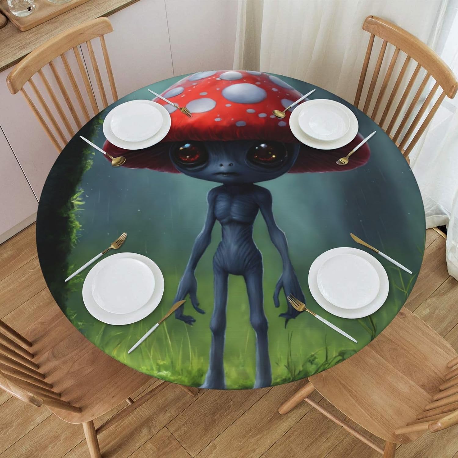 Astronaut and Alien Print Outdoor Patio Kitchen Decor Supplies Wipeable Round Table Cloth for Indoor Outdoor