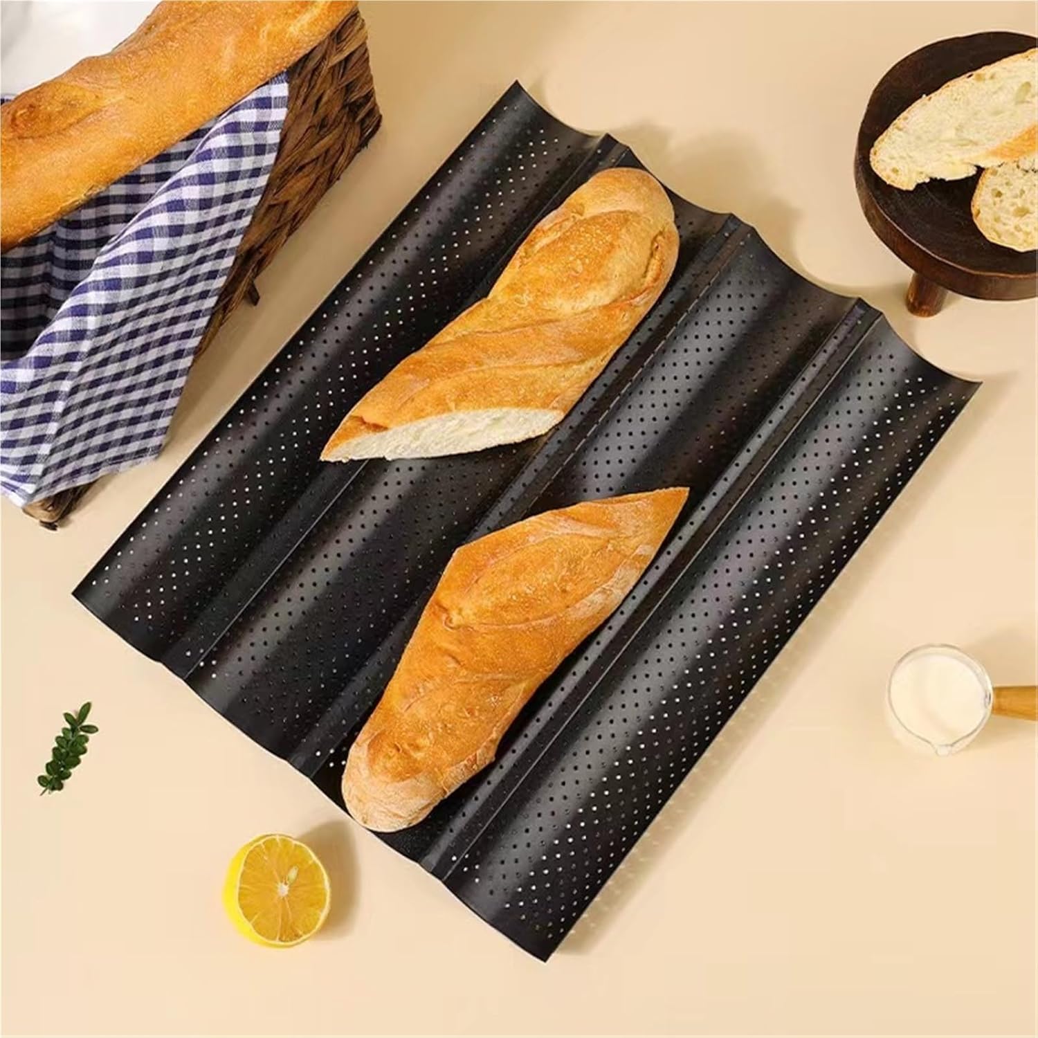 french bread baking pan Nonstick Perforated French Bread Baking Pan Carbon Steel Baguette 3/4 Wave Loaves Loaf Bake Mold Cooking Tray(3 Groove Black)