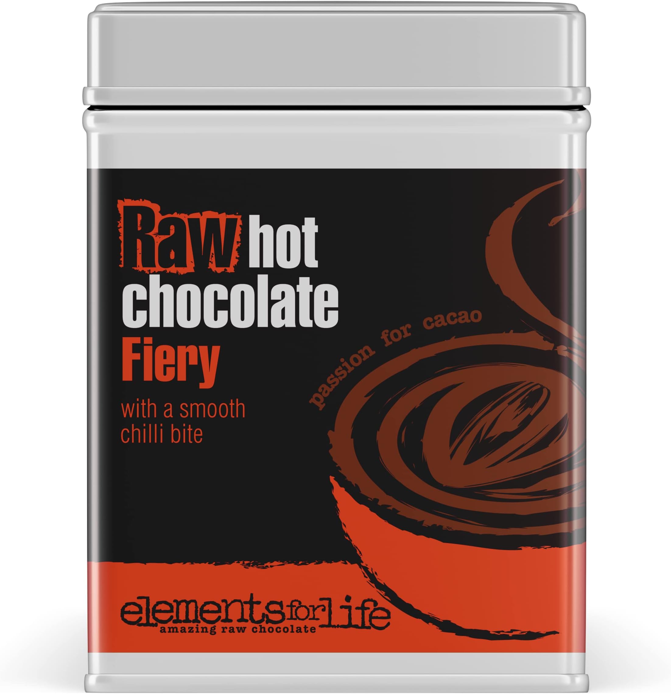 – Premium Vegan Raw Fiery Hot Chocolate Cocoa Powder | Cacao with Fiery Jamaican red chilli chocolate | Raw Cacao, Coconut Blossom Sugar & Red Chilli | Dairy Free, Soya free and Gluten Free | 1 x 175g Tin Can