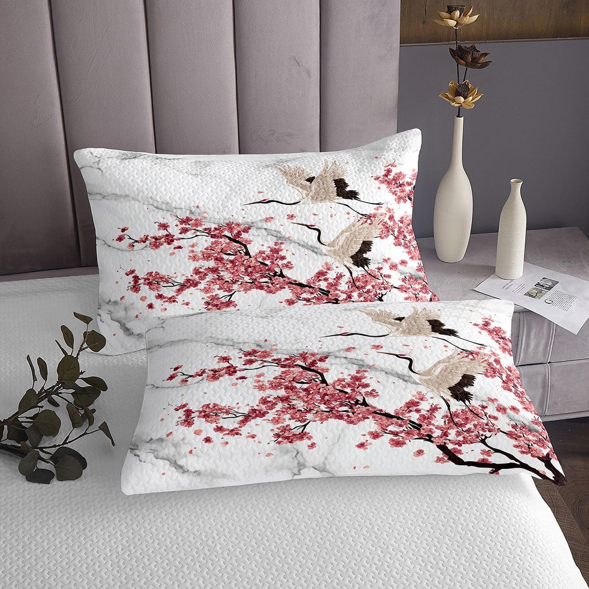 Erosebridal Japanese Style King Quilt Set Chic Cherry Blossoms Coverlet Set, Grey White Marble Bedding Set Oriental Exotic Style Bedspread Set, Wild Crane Bed Quilt with 2 Pillowcase