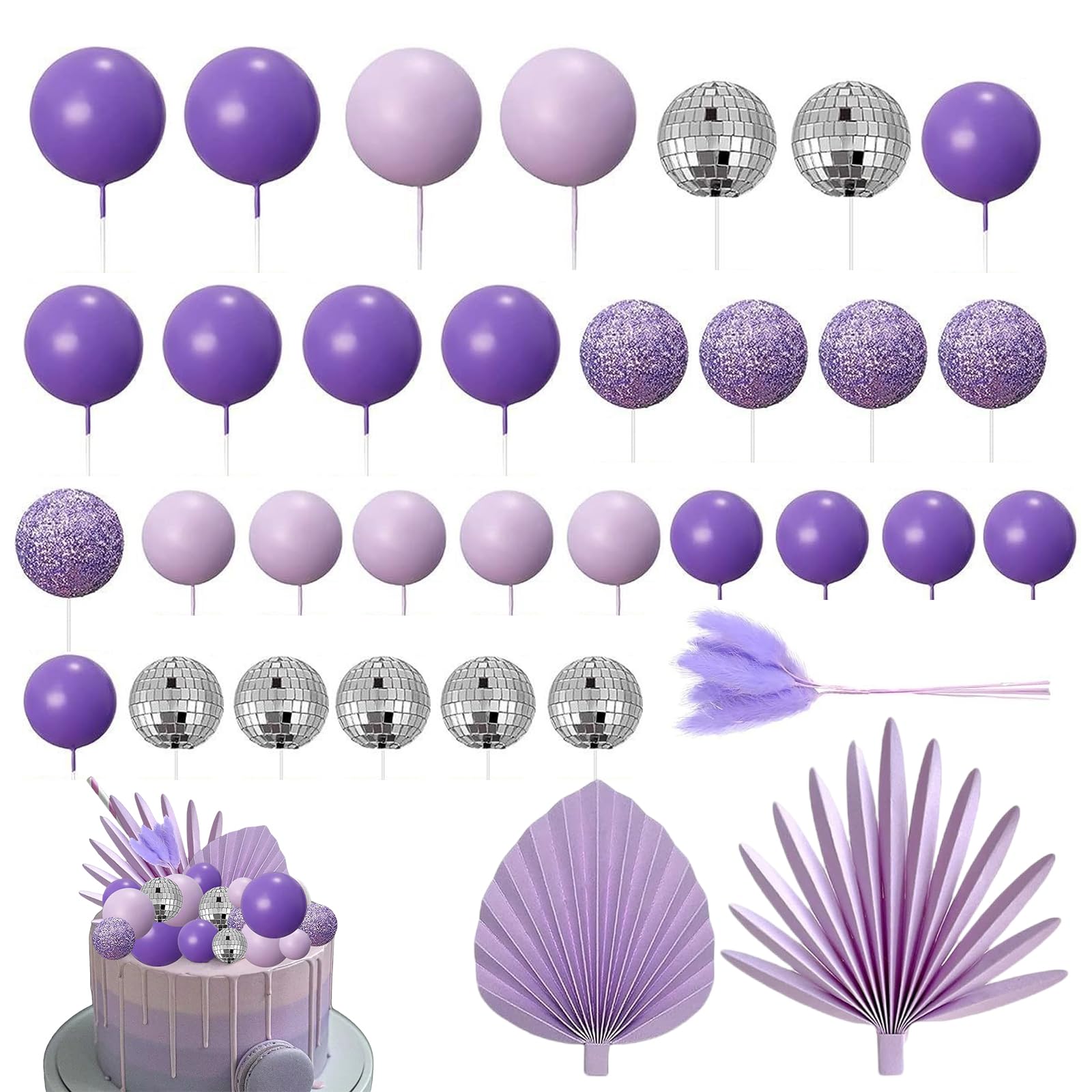 Cake Balls Decoration, Cake Balloons, Ball Cake Toppers with Flowers and Palm Fan, Palm Leaves Cupcake Toppers for Wedding Party Anniversary (Purple, 34Pcs)