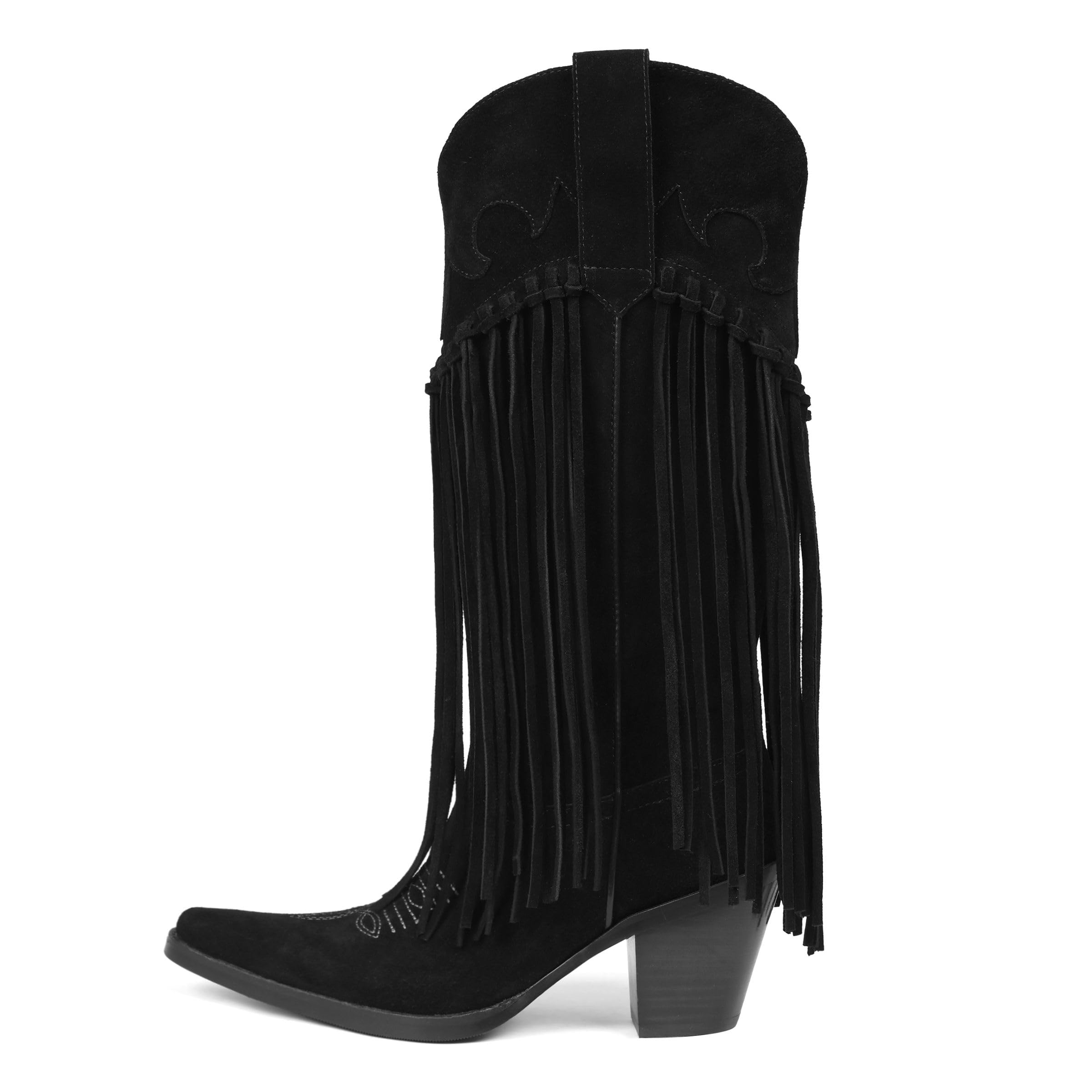 Erocalli Mid Calf Fringe Cowboy Cowgirl Boots for Women Snip Toe and Chunky Heel Western Outdoor Festivals Tassel