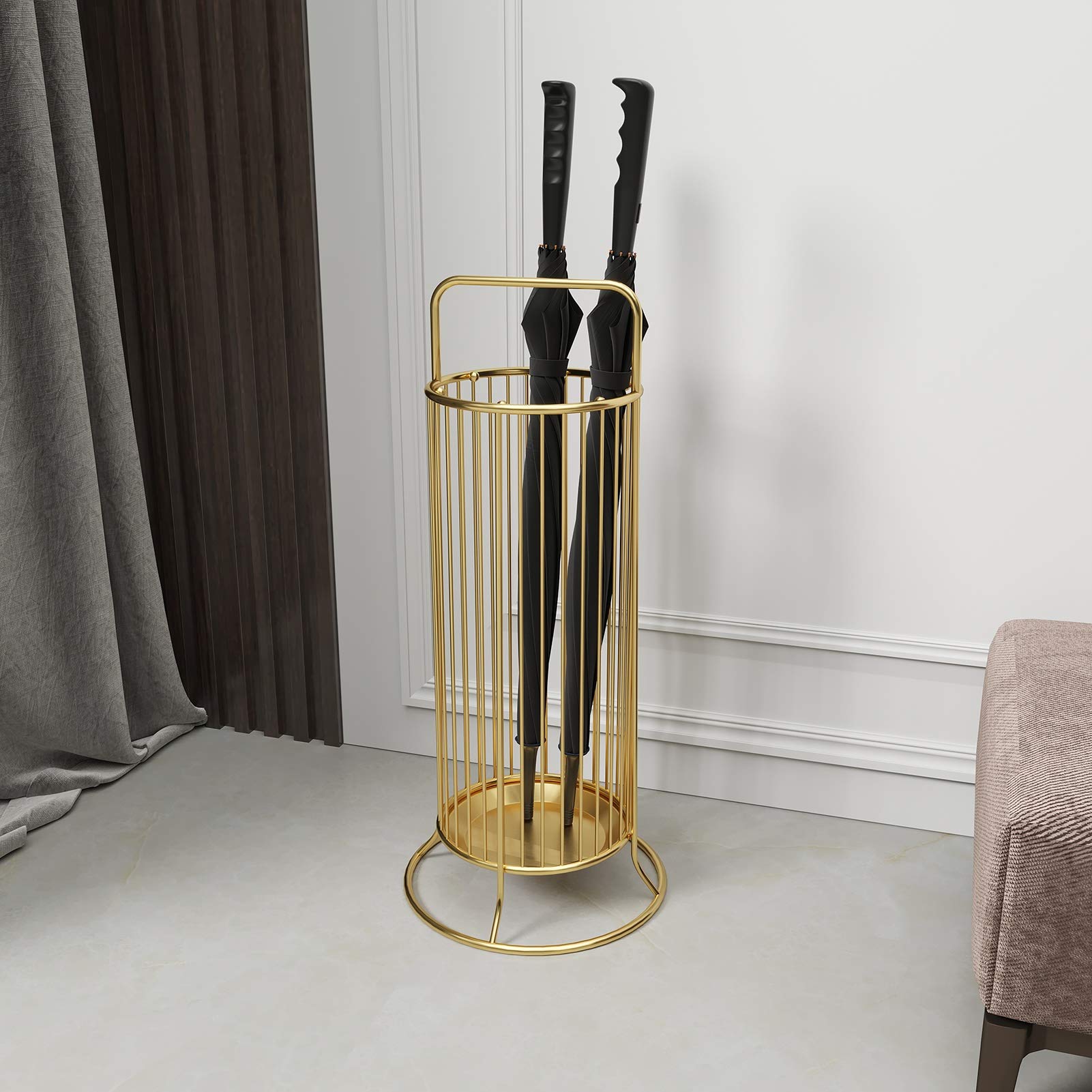 Porte-parapluie D'entrée En Métal Doré - Seau De Rangement 42x16x16 Cm - Pour Maison, Bureau - Design Aéré, Antirouille