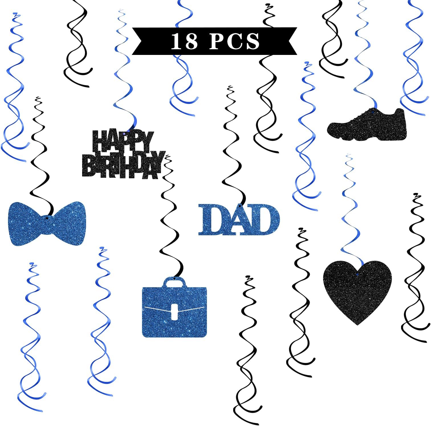Maicaiffe Happy Birthday Dad Hanging Swirl Decorations - Glitter 18 Pcs Best Dad Ever Party Supplies - Men Birthday Streamers - Father's Day Party Foil Swirls Ceiling Decorations